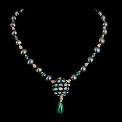 Marina J. One Of A Kind Emerald, Fire Opal, Black Pearl & Solid 14K Necklace