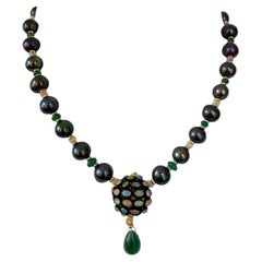 Marina J. One Of A Kind Emerald, Fire Opal, Black Pearl 
Solid 14K Necklace