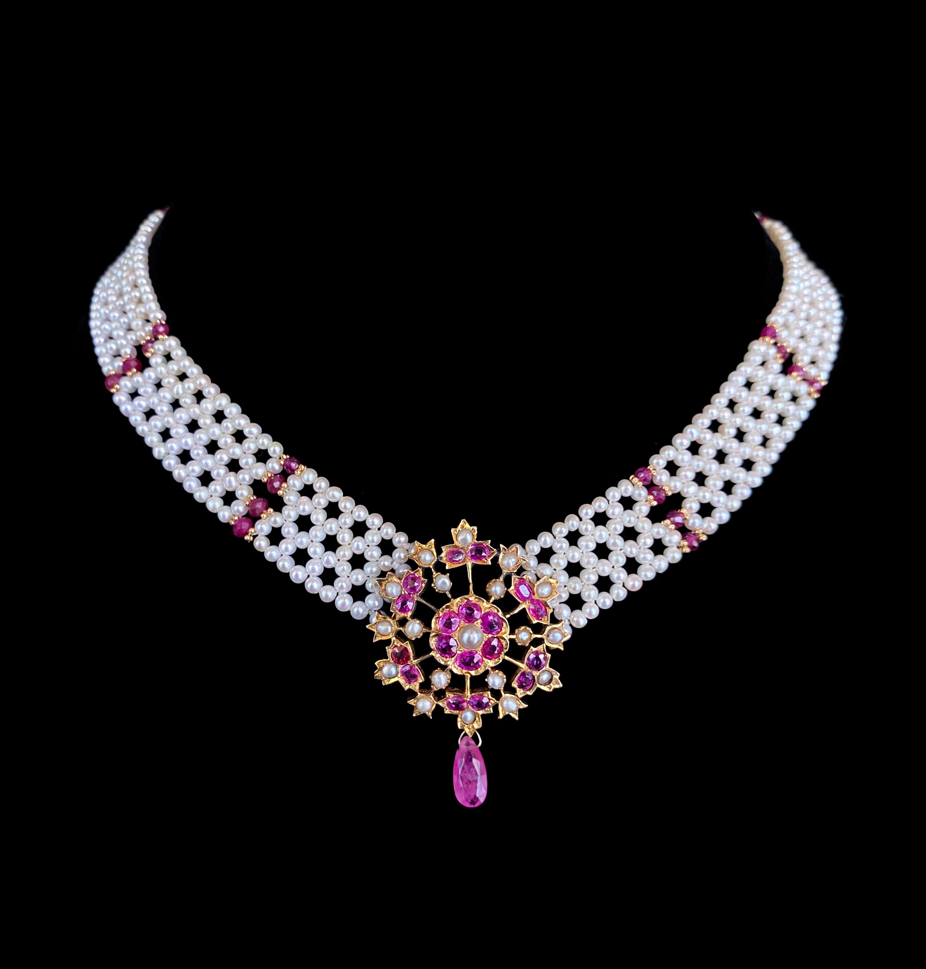 One of A Kind piece by Marina J. This necklace features a Vintage solid 18k Brooch reworked into a stunning Centerpiece. The Vintage Brooch contains all Original Antique Pearls and radiant Hot Pink Rubies all set into a Floral design, with a faceted