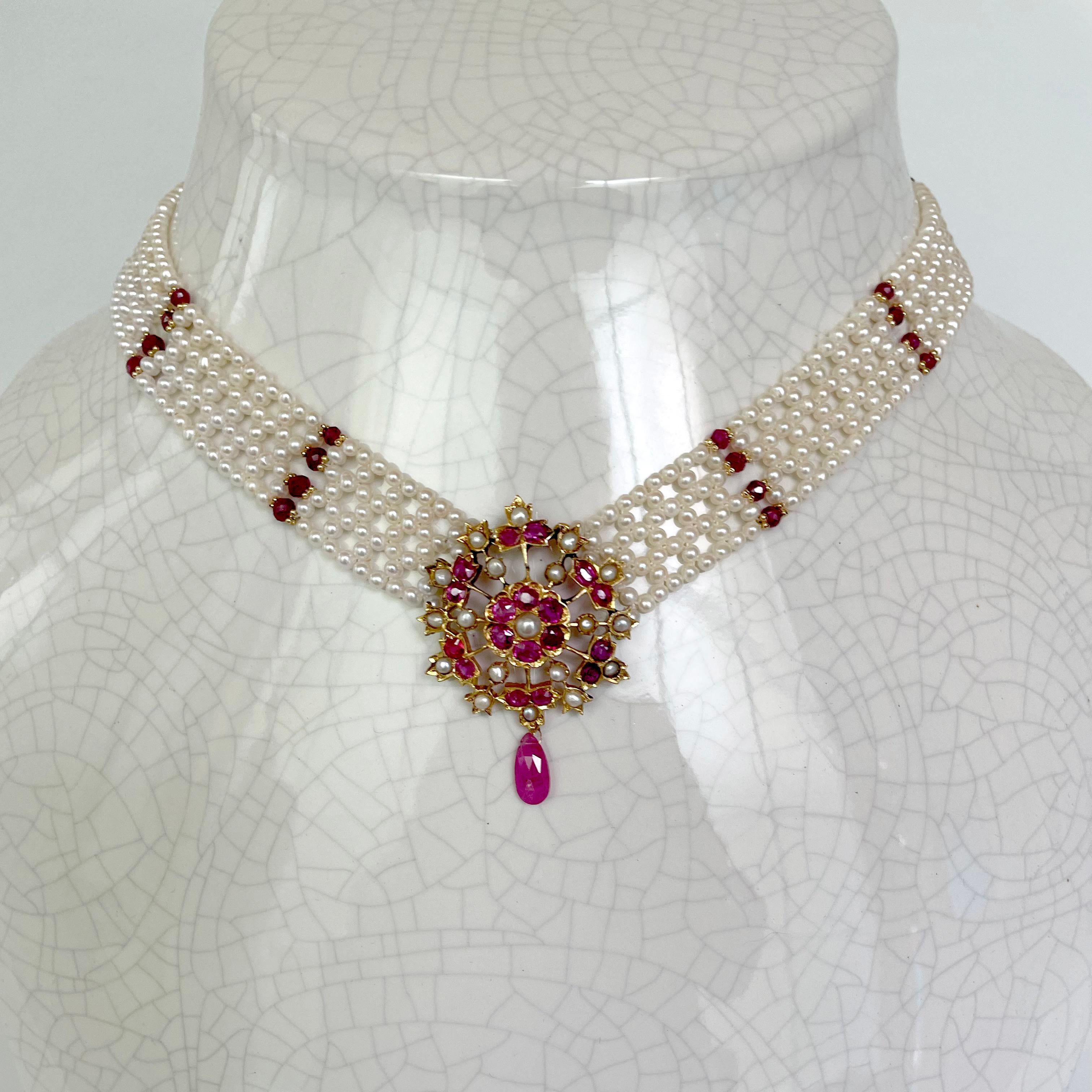 Briolette Cut Marina J One of a Kind Pearl and Ruby Necklace with Antique 18k Gold Centerpiece