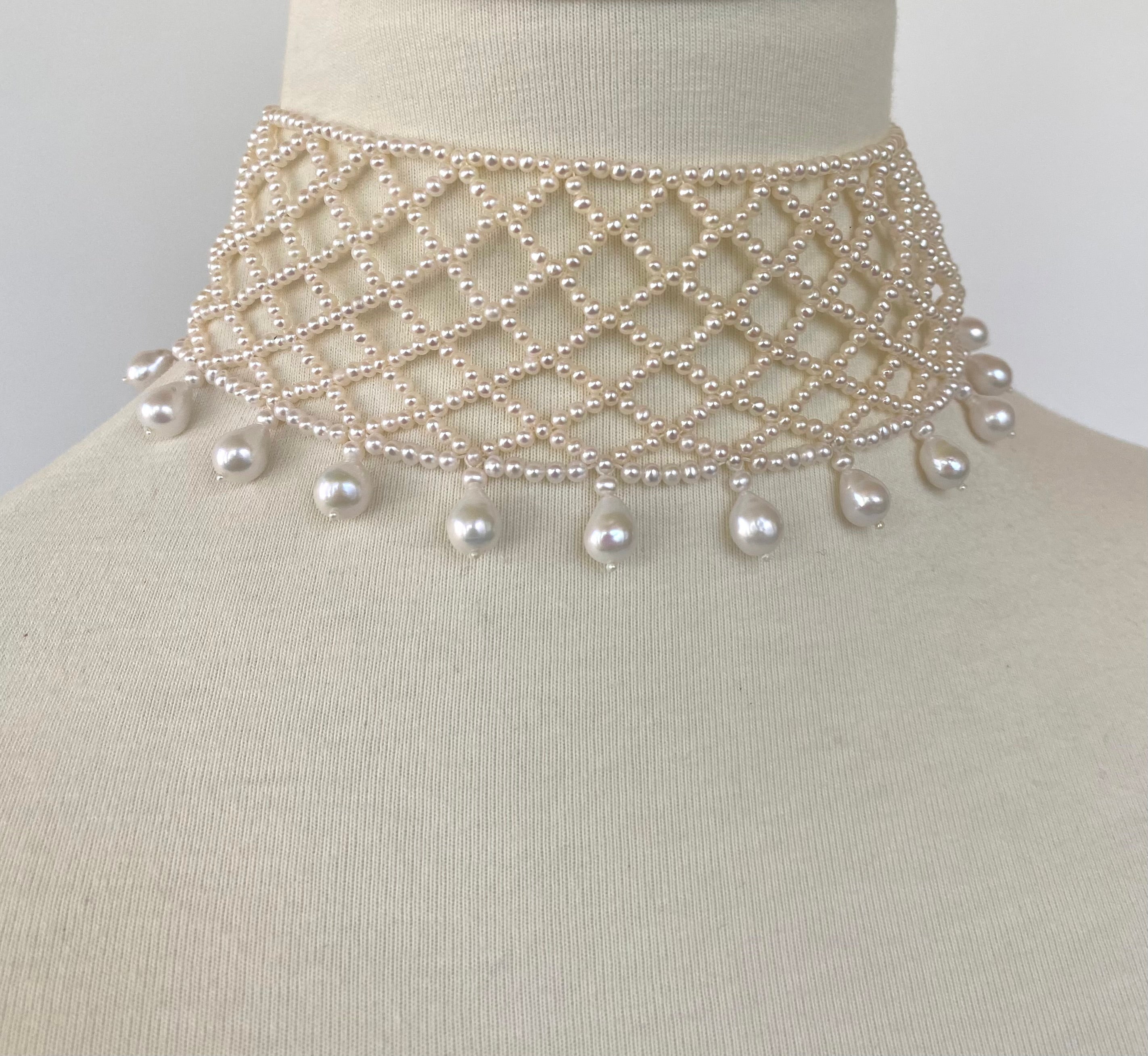Gorgeous Choker by Marina J. This Stunning  Edwardian inspired Choker Featured cultured 2.5-3 mm Pearls intricately woven together into a Crossed Lace like design. Beautiful cultured pearl drops, hang from bottom of the Choker giving an enhanced