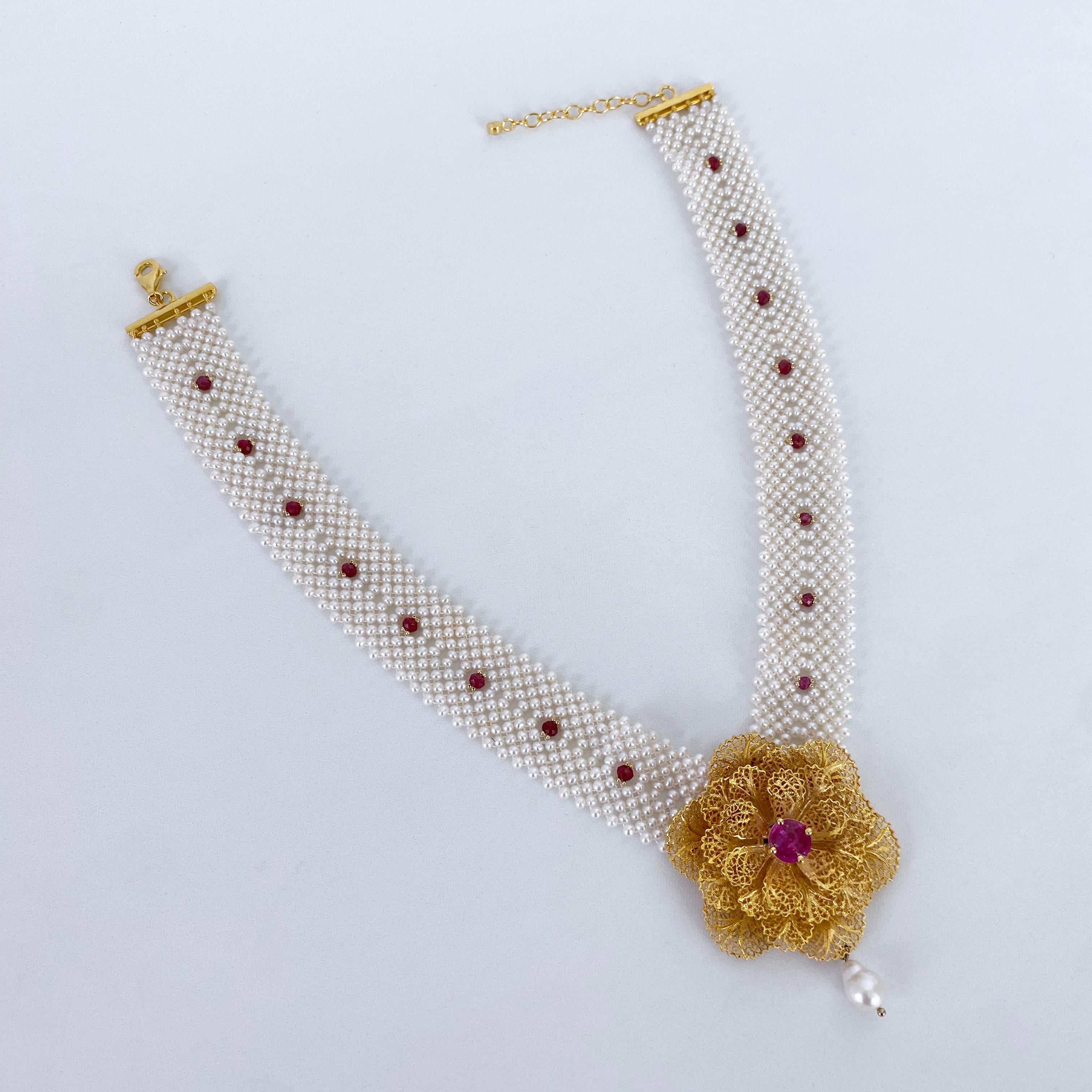Artisan Marina J. One of A Kind Pearl Woven Necklace with Rubies & Pink Topaz For Sale