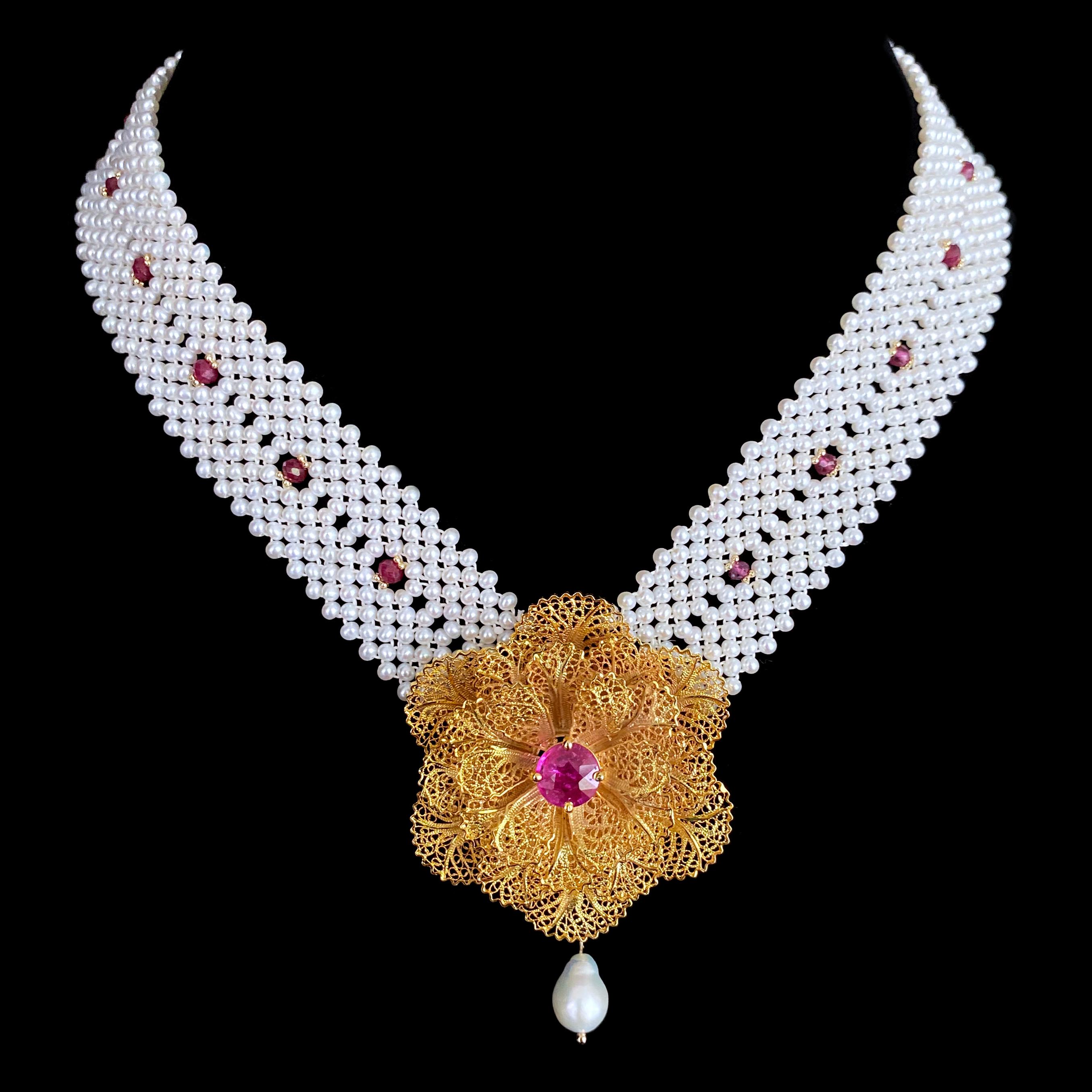 Marina J. One of A Kind Pearl Woven Necklace with Rubies & Pink Topaz In New Condition For Sale In Los Angeles, CA