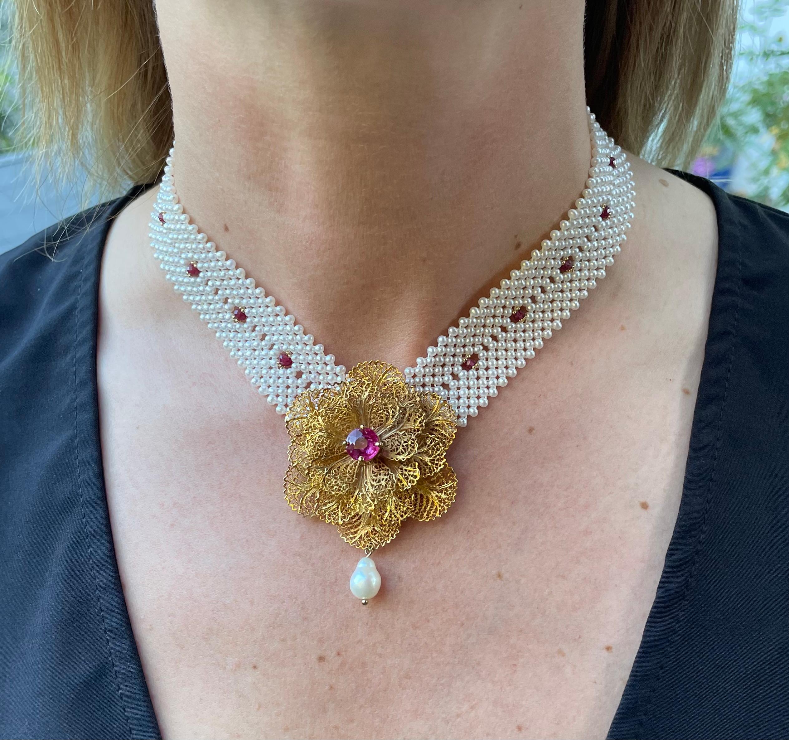 Donna Marina J. Collana intrecciata di perle con rubini e topazio rosa, unica nel suo genere in vendita