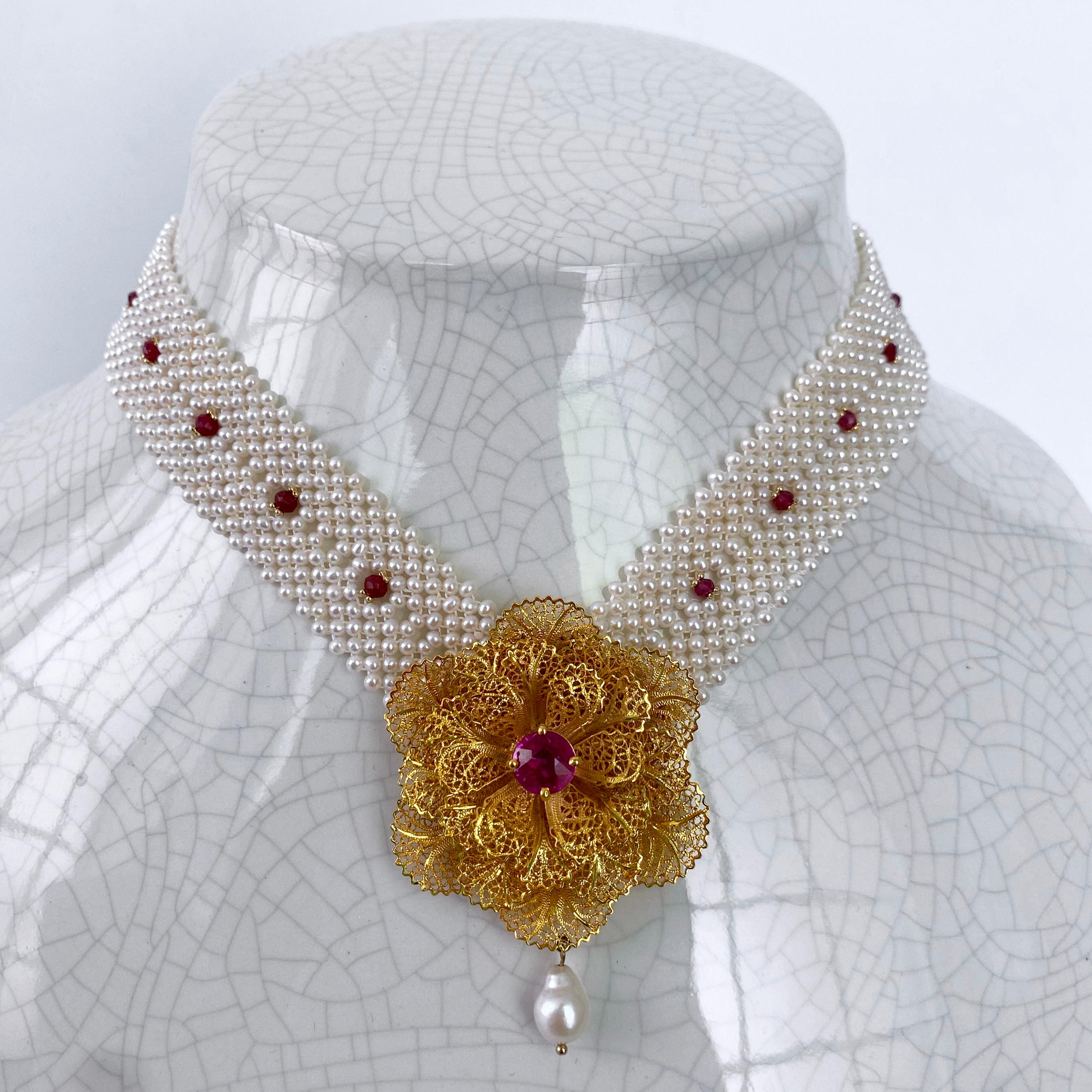 Marina J. One of A Kind Pearl Woven Necklace with Rubies & Pink Topaz For Sale 1