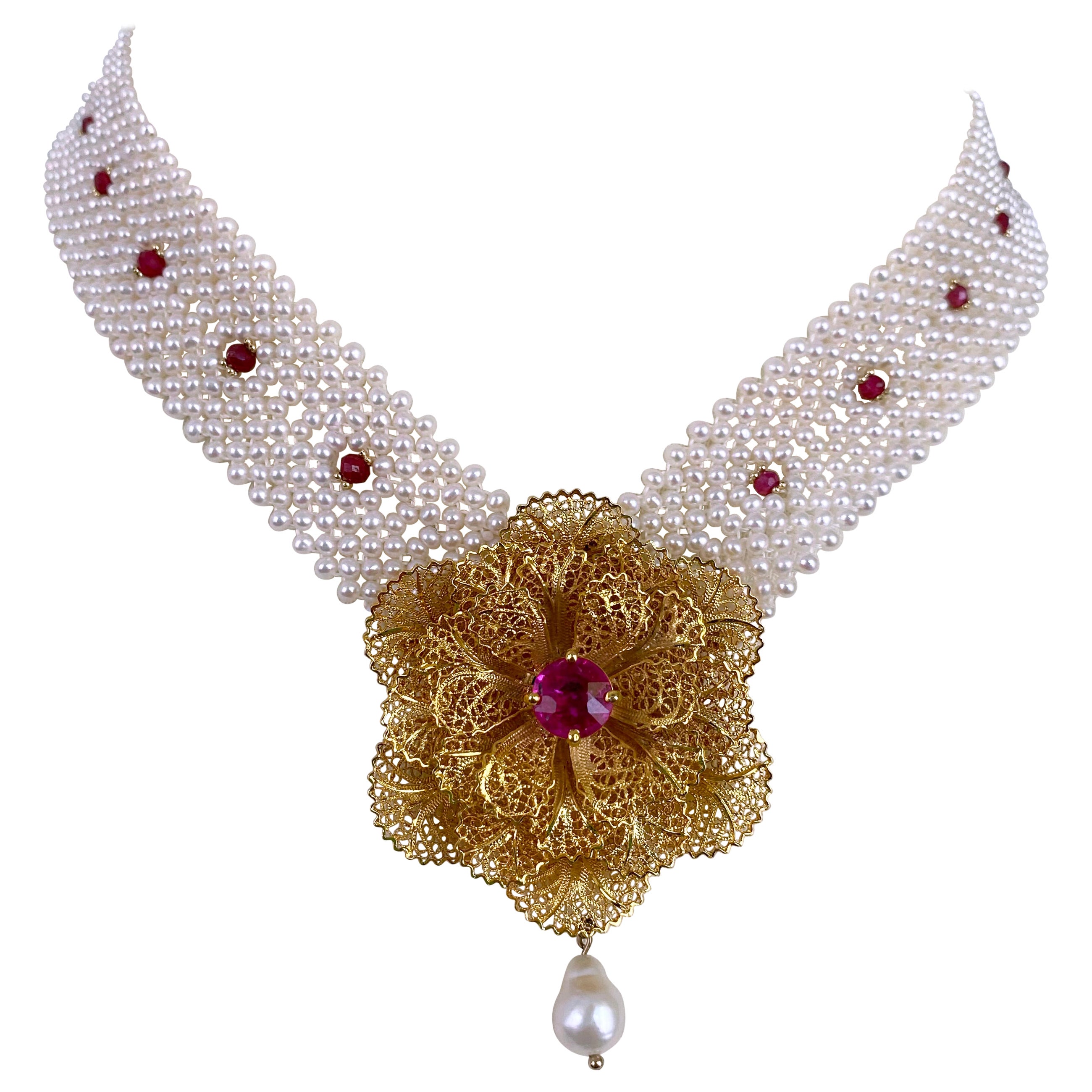 Marina J. Collana intrecciata di perle con rubini e topazio rosa, unica nel suo genere in vendita