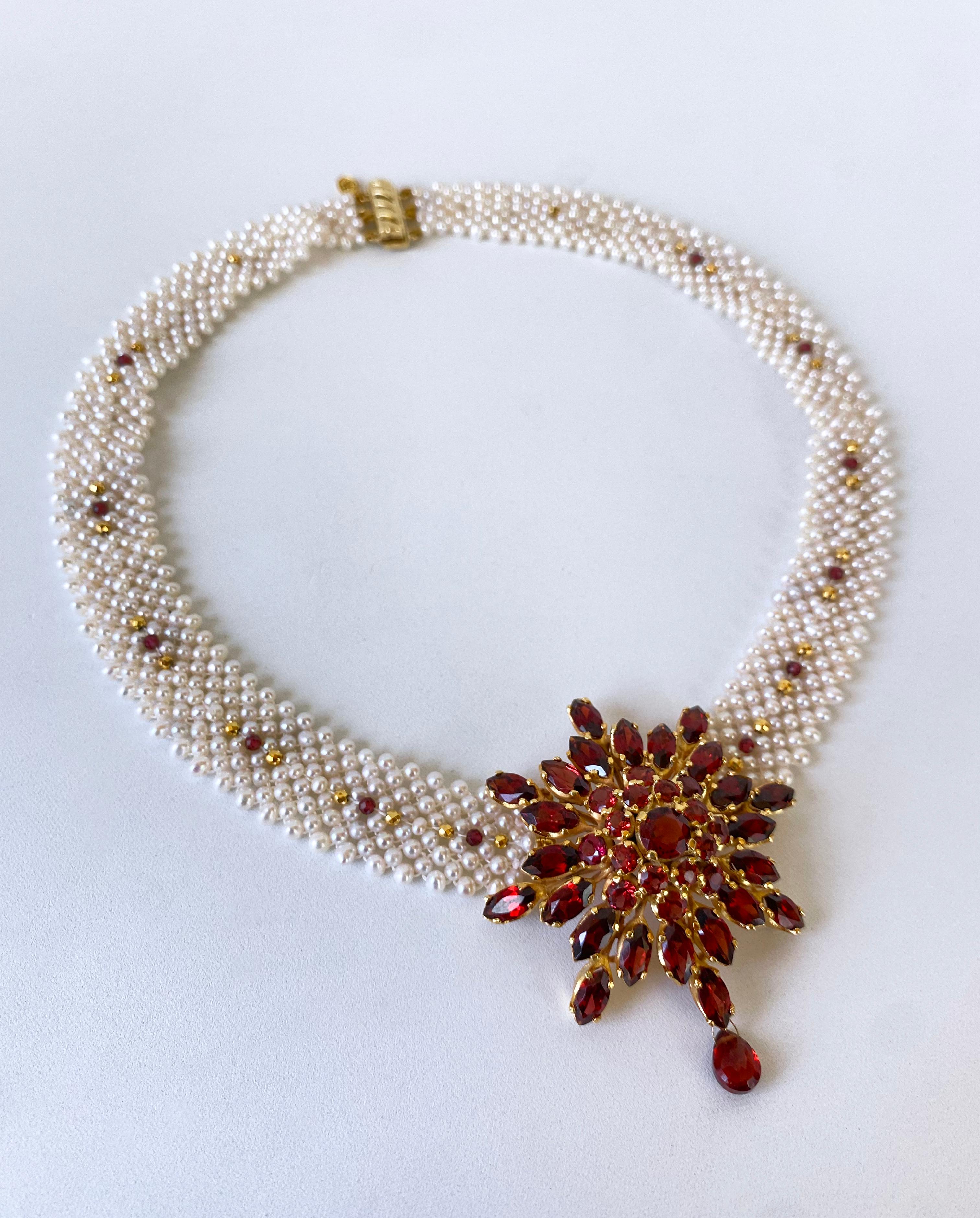 Marina J One of a Kind woven Pearl & Garnet necklace with vintage Garnet brooch For Sale 2
