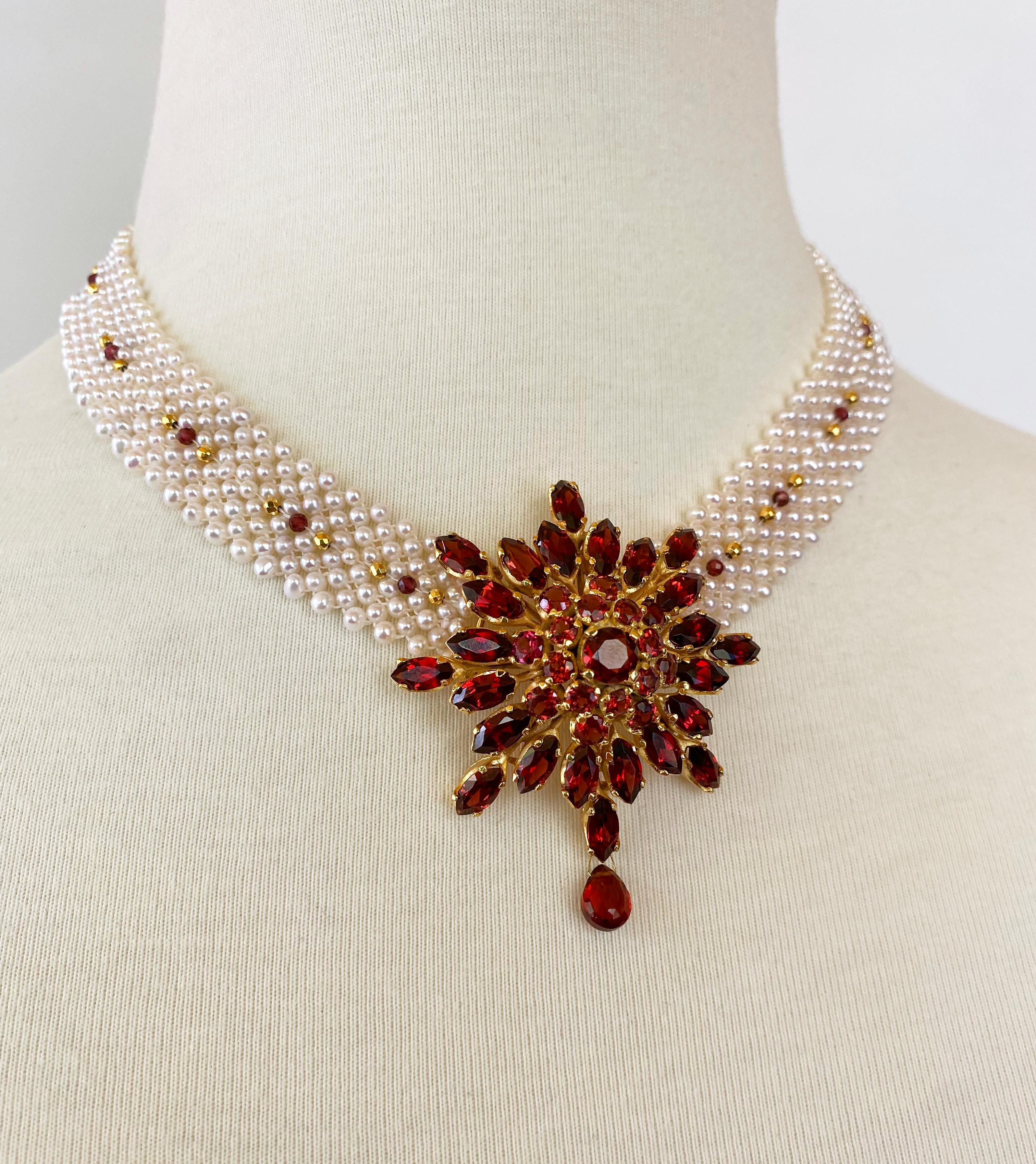 Marina J One of a Kind woven Pearl & Garnet necklace with vintage Garnet brooch For Sale 4