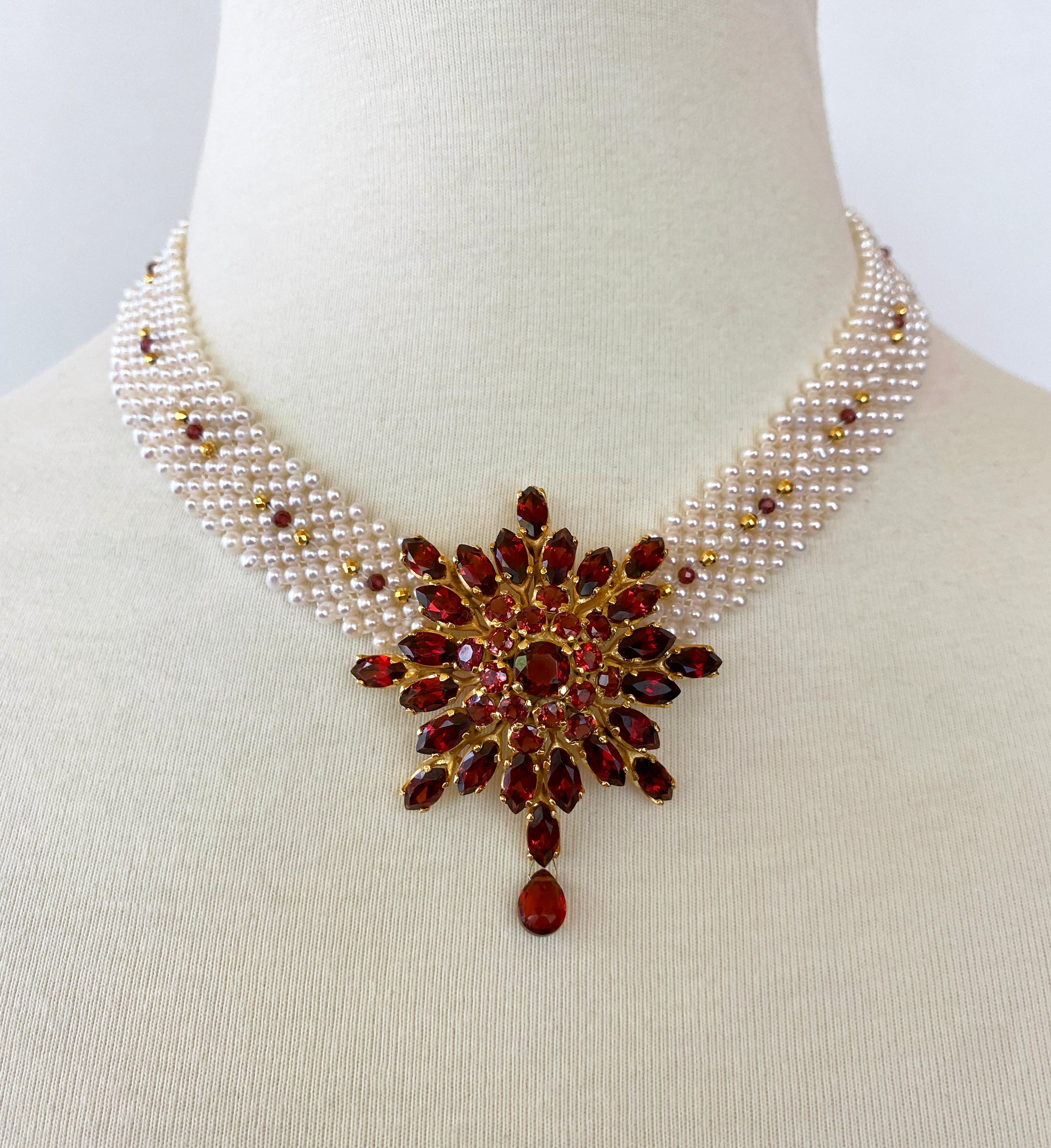 Marina J One of a Kind woven Pearl & Garnet necklace with vintage Garnet brooch For Sale 5
