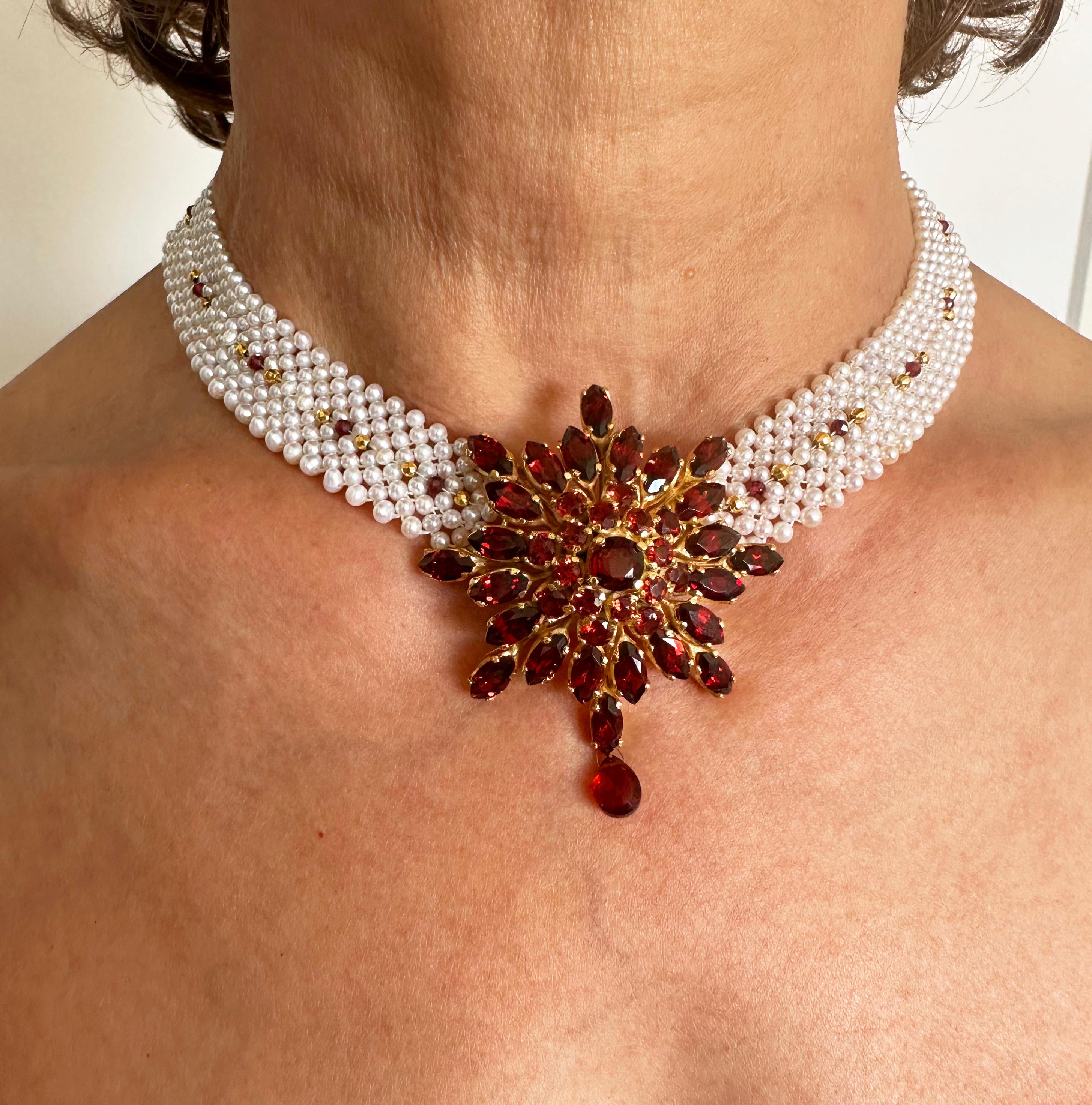 Marina J One of a Kind woven Pearl & Garnet necklace with vintage Garnet brooch For Sale 7