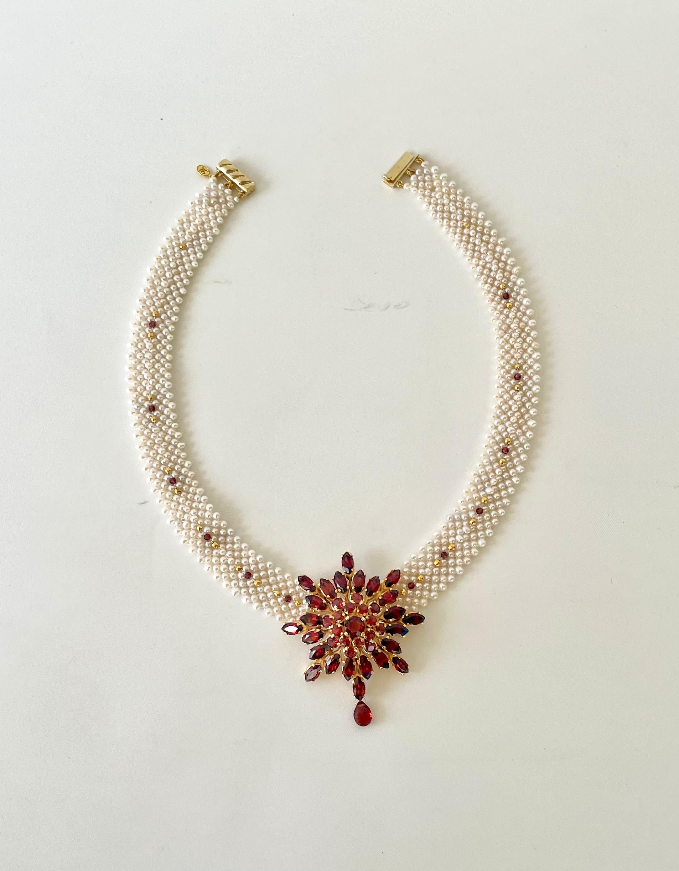 Classic Marina J  hand-woven necklace with beautiful lace-like design featuring bright Garnet beads and 14K Yellow Gold-plated beads. This necklace is built around gorgeous Vintage Sterling Silver 14K Yellow Gold-plated  bright vintage Garnet