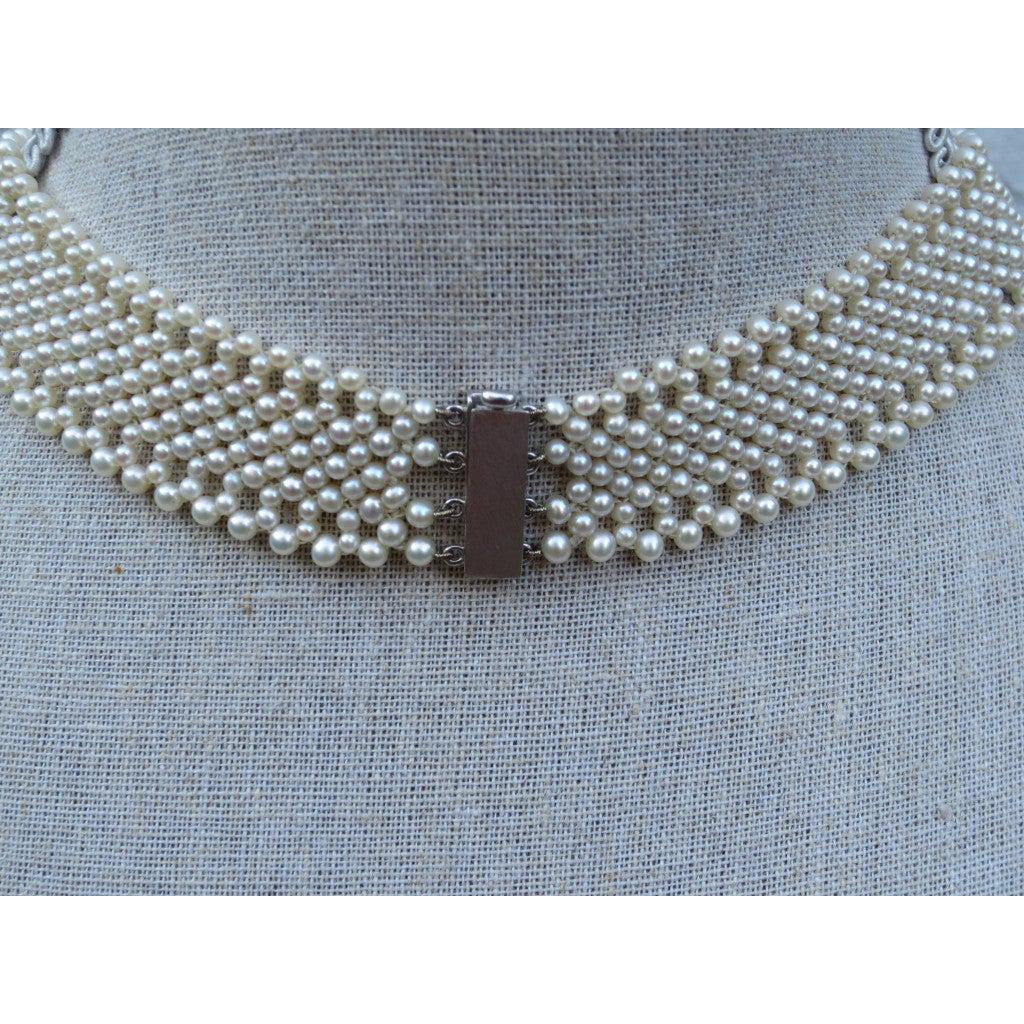Moderno Marina J. One of a kind Woven Pearl Necklace with Antique Enamel Centerpiece in vendita