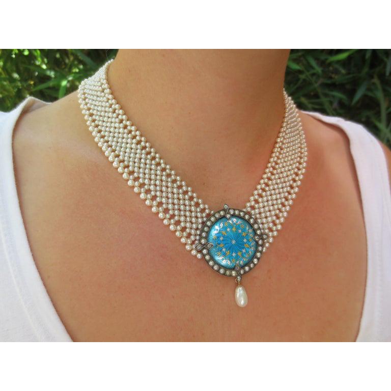 Perlina Marina J. One of a kind Woven Pearl Necklace with Antique Enamel Centerpiece in vendita