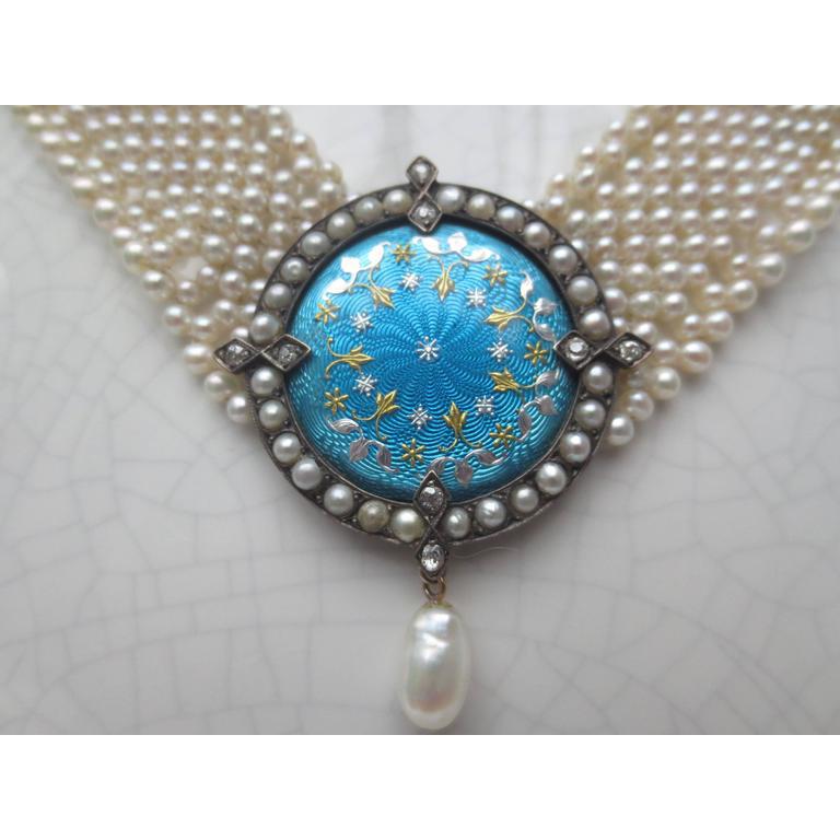 Donna Marina J. One of a kind Woven Pearl Necklace with Antique Enamel Centerpiece in vendita