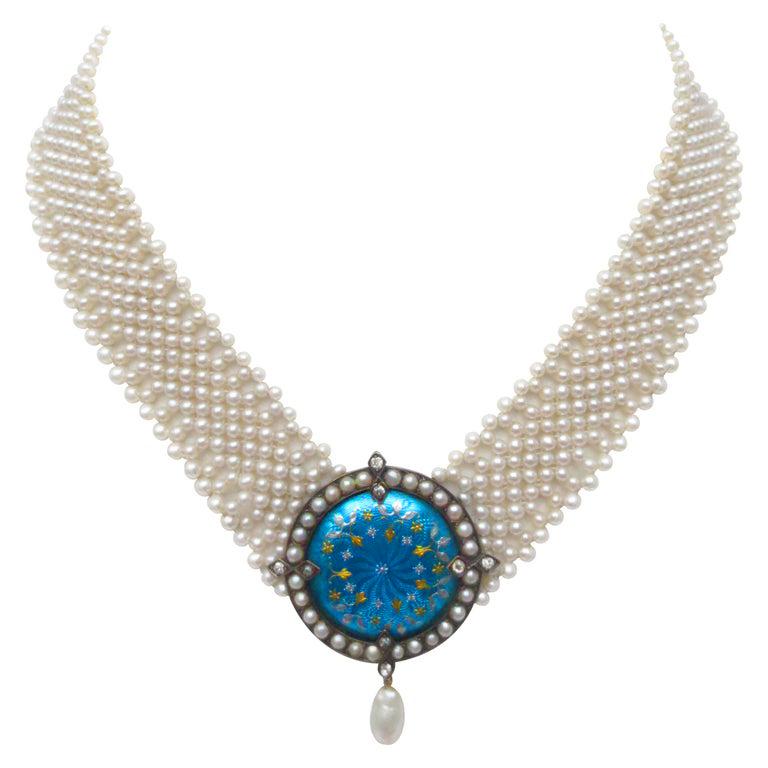 Marina J. One of a kind Woven Pearl Necklace with Antique Enamel Centerpiece in vendita 1