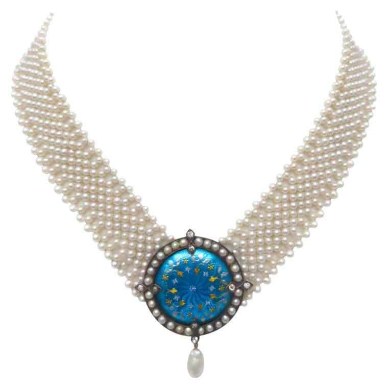 Marina J. One of a kind Woven Pearl Necklace with Antique Enamel Centerpiece