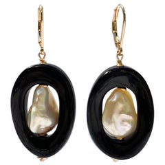 Marina J. Onyx and Baroque Pearl Earring with 14 Karat Yellow Gold Leverback