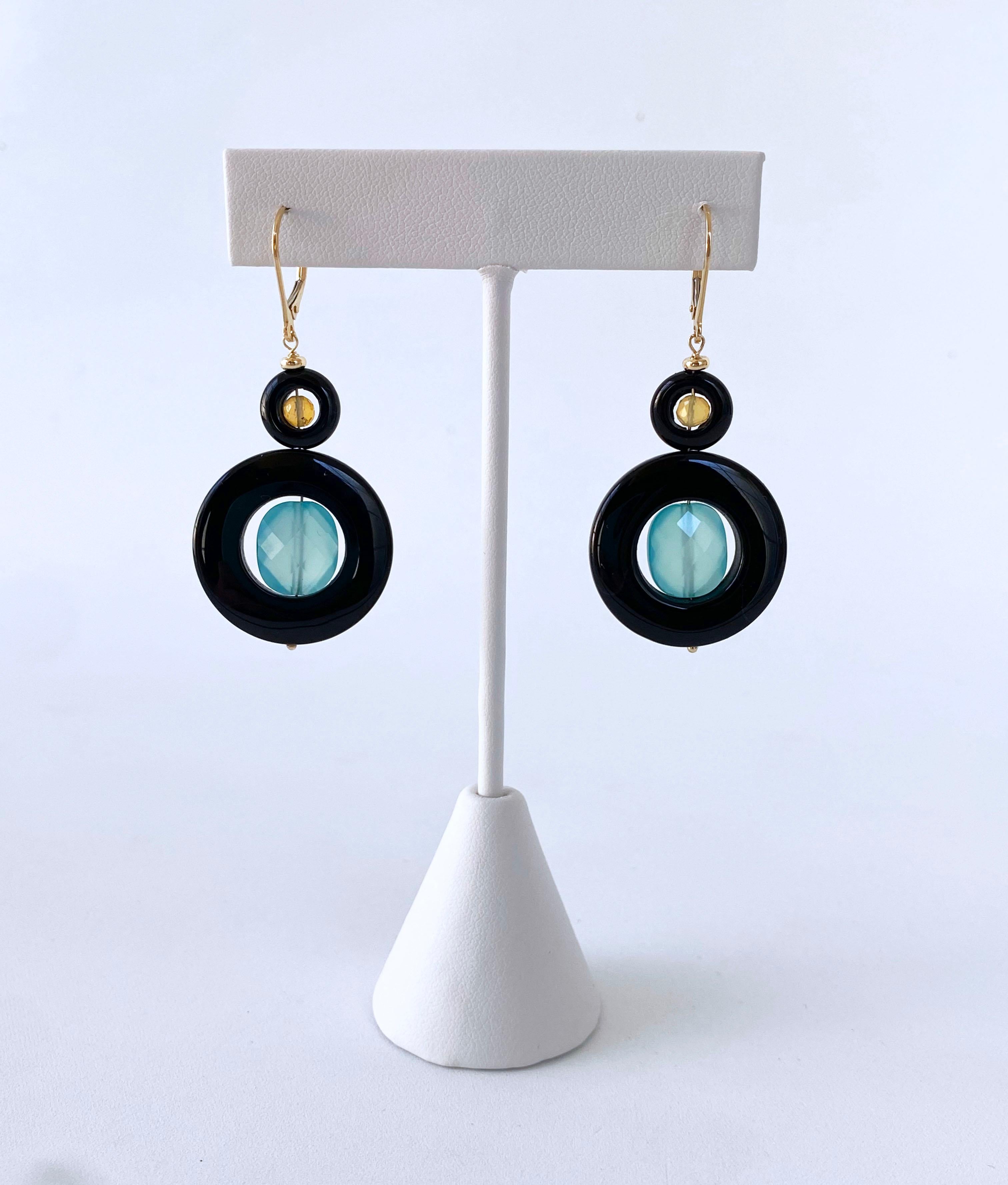 Artisan Marina J. Opal, Chalcedony, Onyx & Solid 14k Yellow Gold Lever Back Earrings For Sale