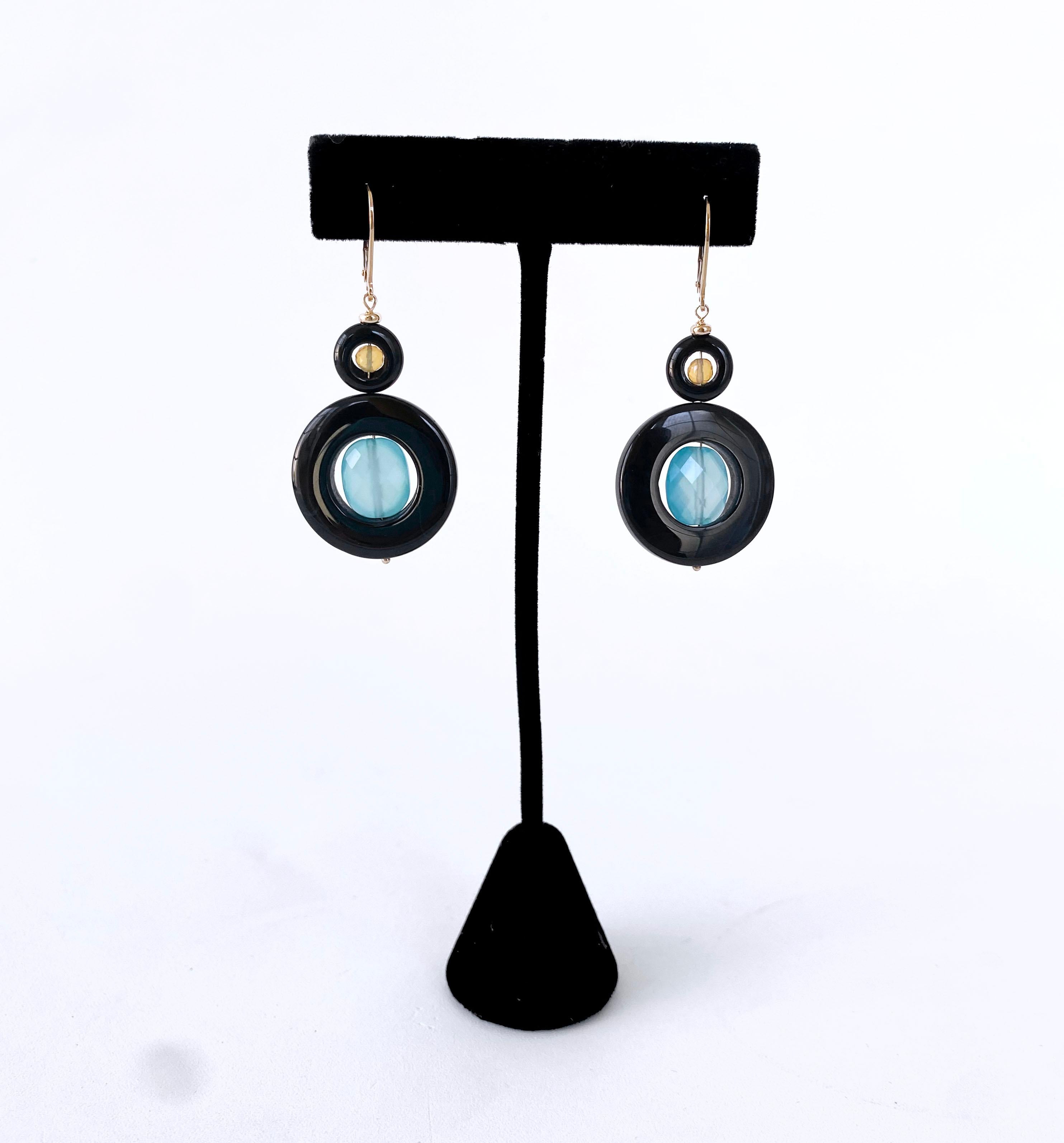 Bead Marina J. Opal, Chalcedony, Onyx & Solid 14k Yellow Gold Lever Back Earrings For Sale