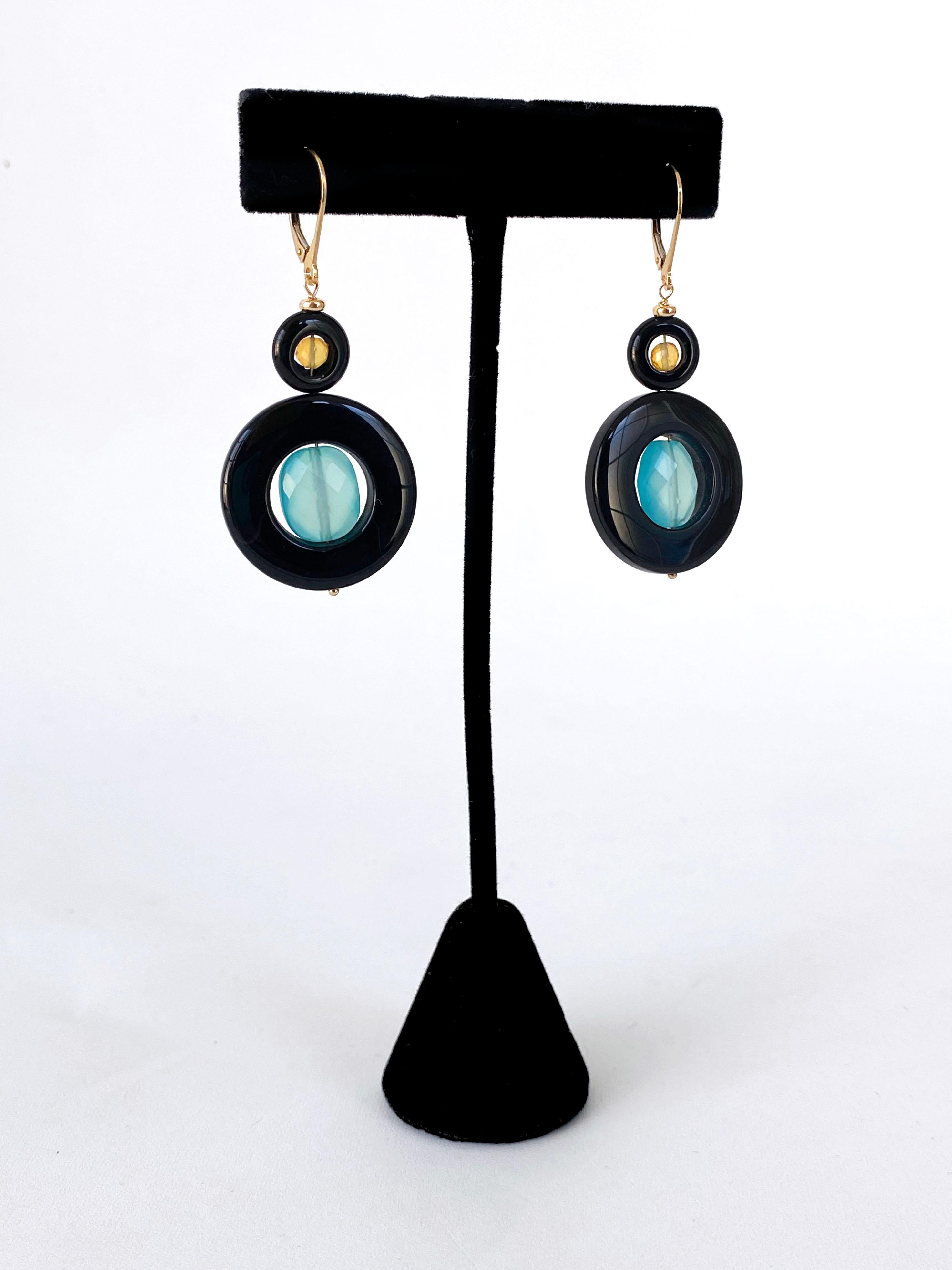 Marina J. Opal, Chalcedony, Onyx & Solid 14k Yellow Gold Lever Back Earrings In New Condition For Sale In Los Angeles, CA