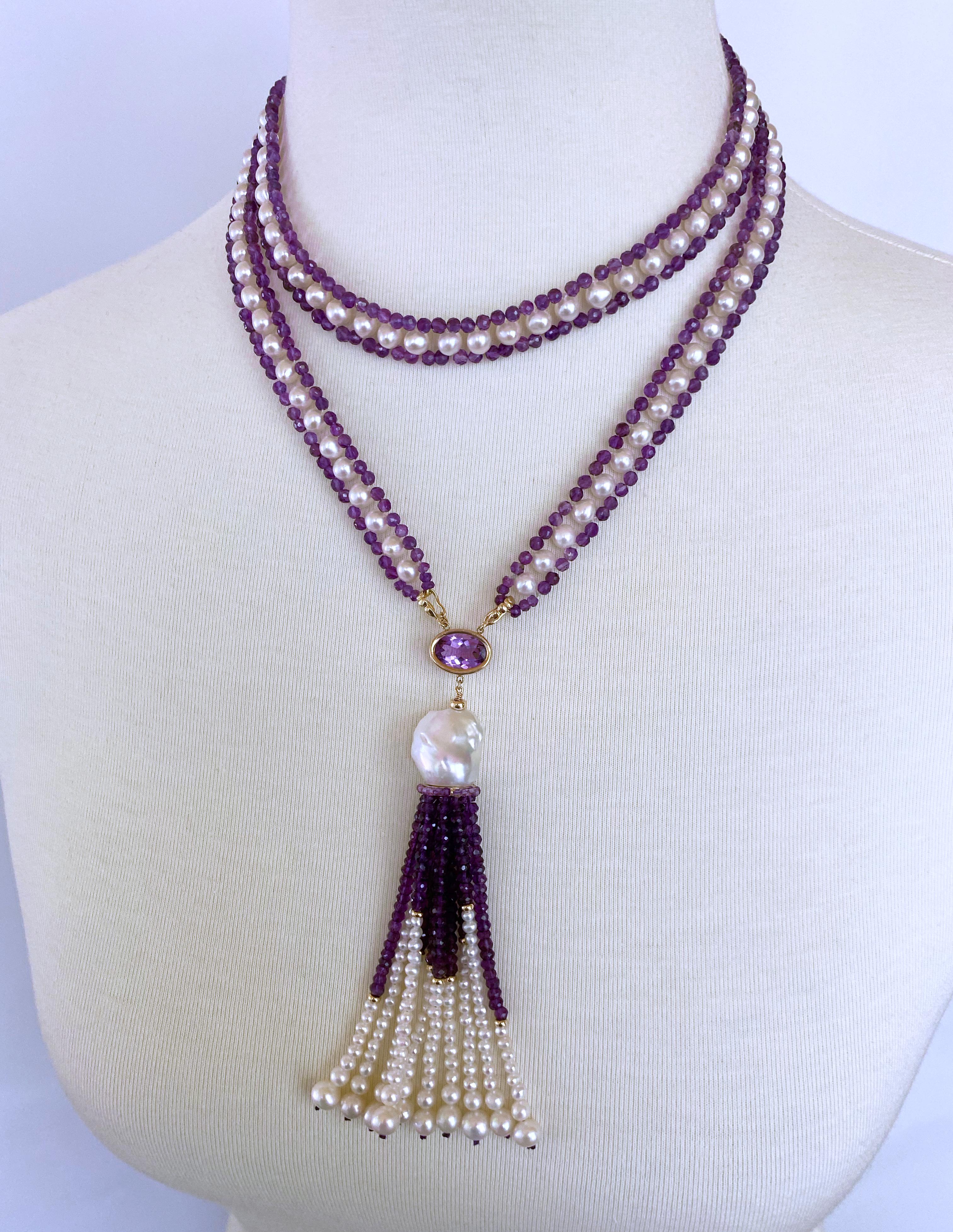 Beautiful piece by Marina J. This sizeless Sautoir is made with gorgeous faceted Amethyst beads that display pigmented Purple hues, all woven together with white Cultured Pearls. Measuring 35 inches sans Tassel, each end of this Sautoir meet at a