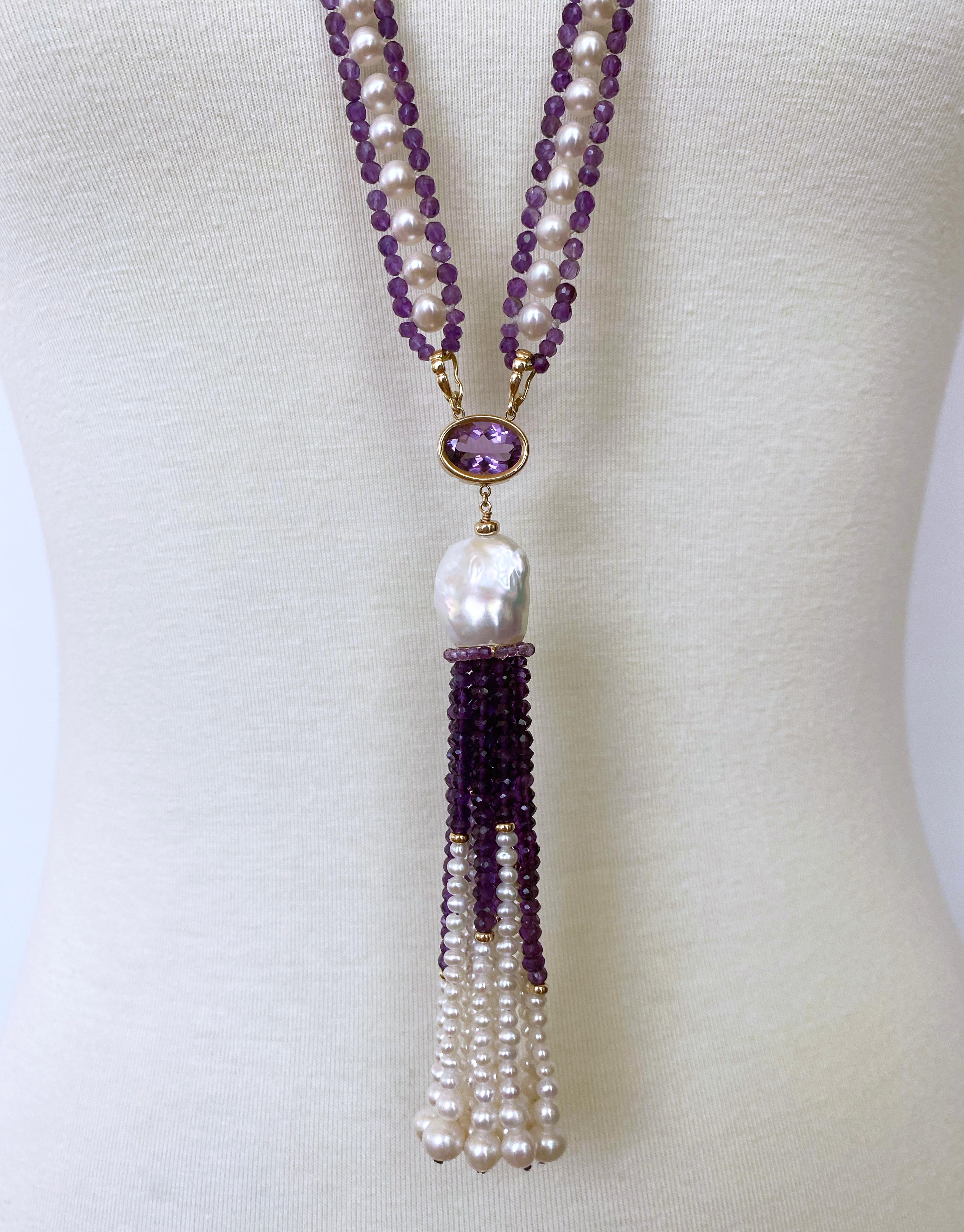 Marina J. Pearl, Amethyst and 14k Yellow Gold Sautoir with Tassel In New Condition In Los Angeles, CA