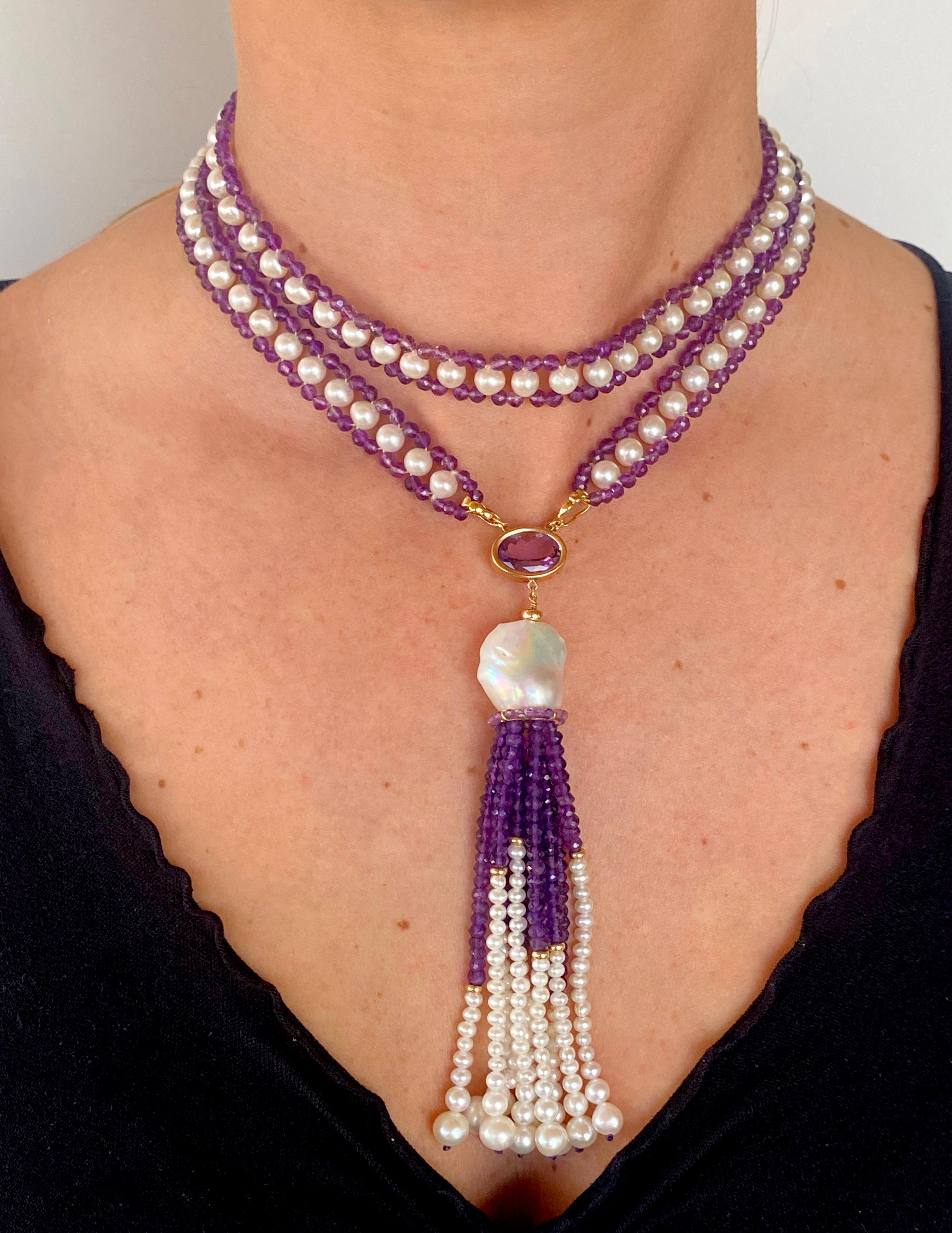 Artisan Marina J. Pearl, Amethyst and 14k Yellow Gold Sautoir with Tassel For Sale