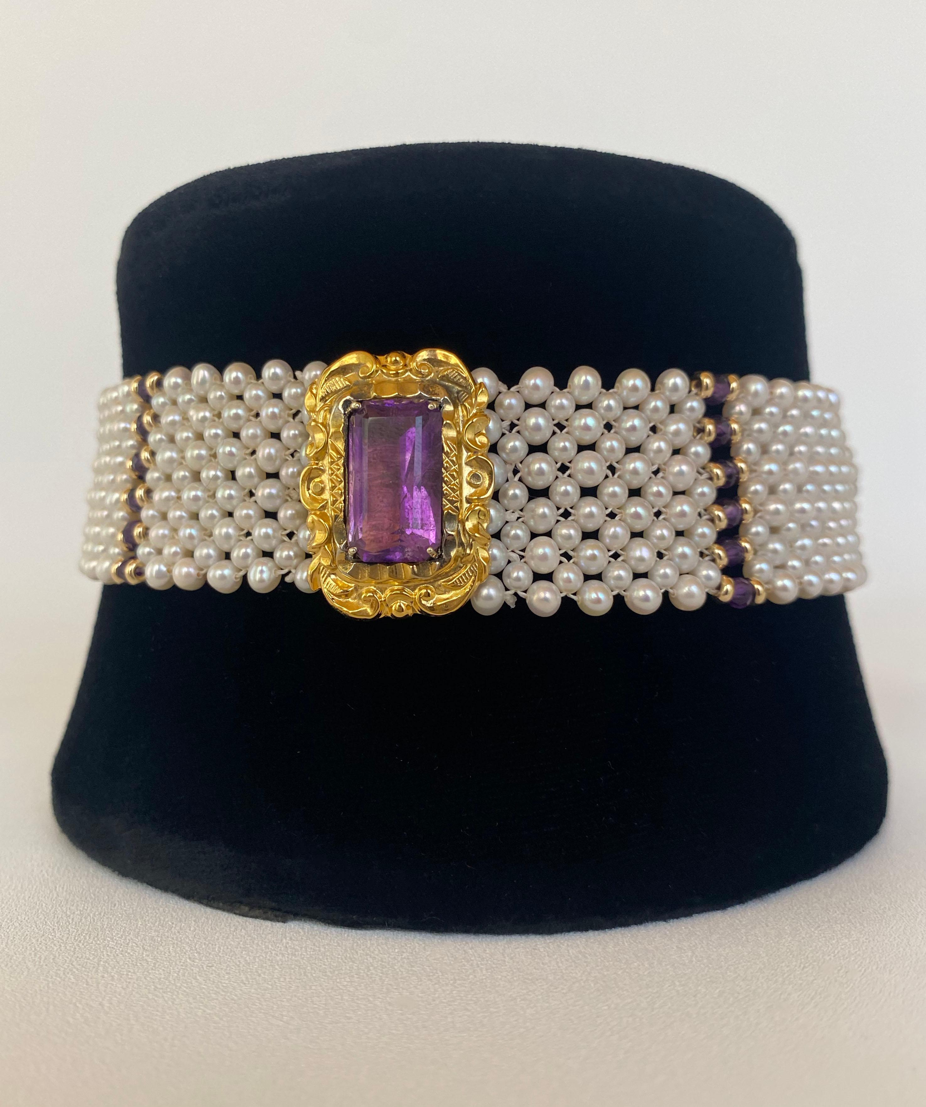 Gorgeous choker hand woven by Marina J. This lovely piece features a tight lace like design all woven together by high luster real Pearls, and accented columns of faceted Amethyst and 14k solid Yellow Gold findings; perfectly complimenting the