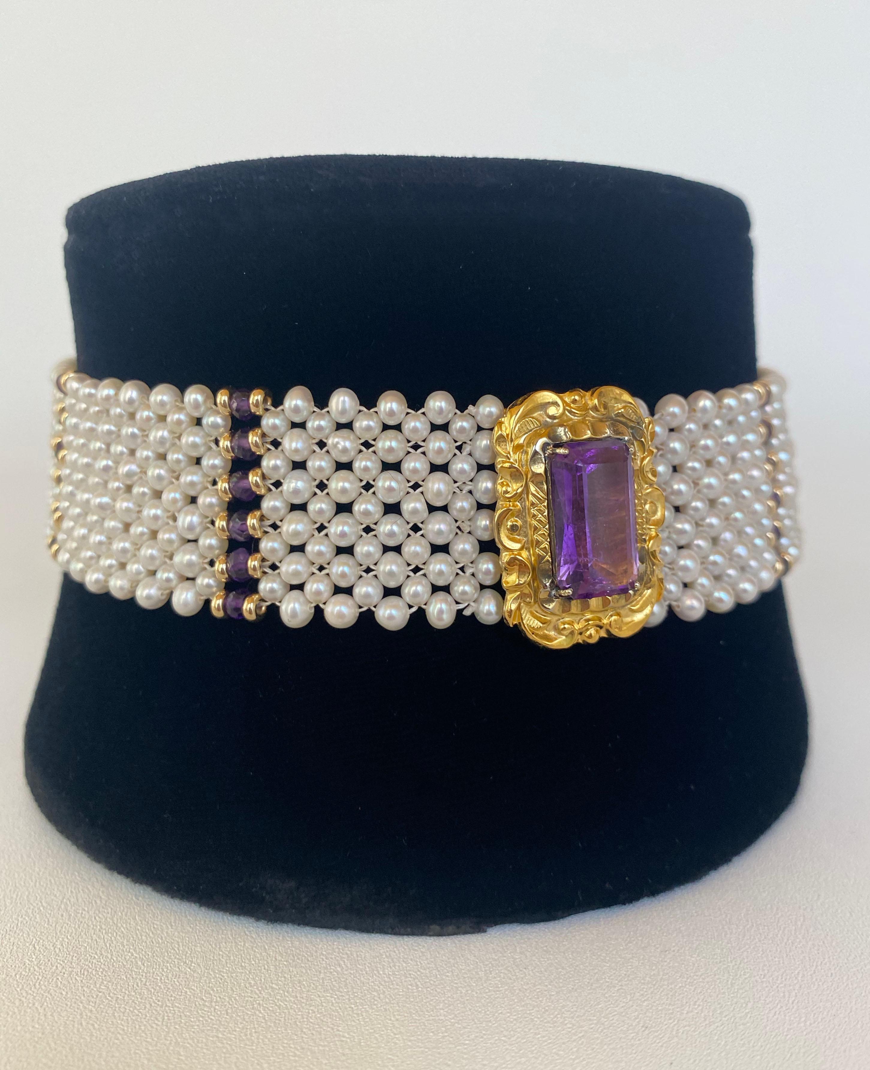 Marina J. Pearl, Amethyst and Vintage Centerpiece Choker with 14k Yellow Gold In New Condition In Los Angeles, CA