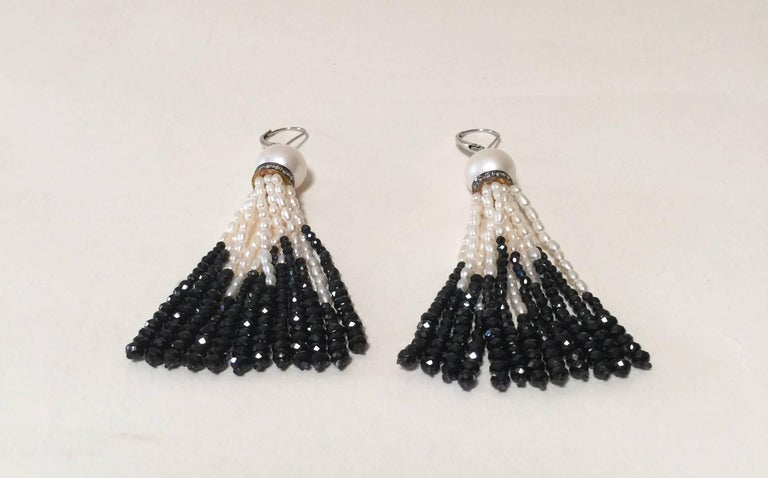 Artist Marina J. Pearl and Black Spinel Lever Back Tassel Earrings with Diamonds For Sale