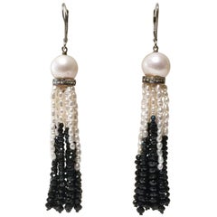 Marina J. Pearl and Black Spinel Lever Back Tassel Earrings with Diamonds