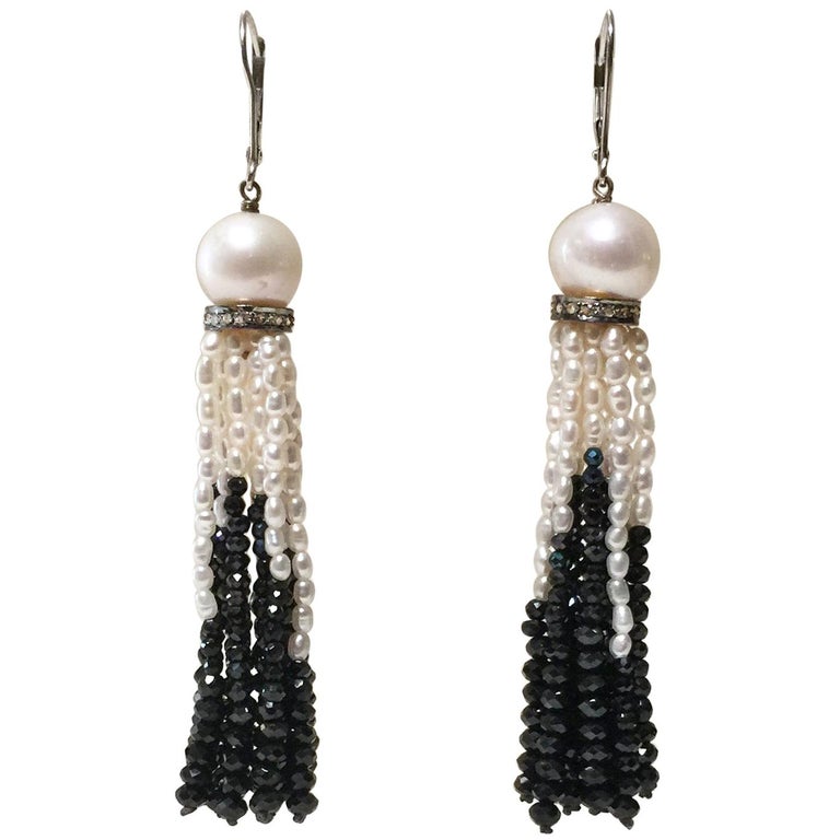 Marina J. Pearl and Black Spinel Lever Back Tassel Earrings with Diamonds For Sale