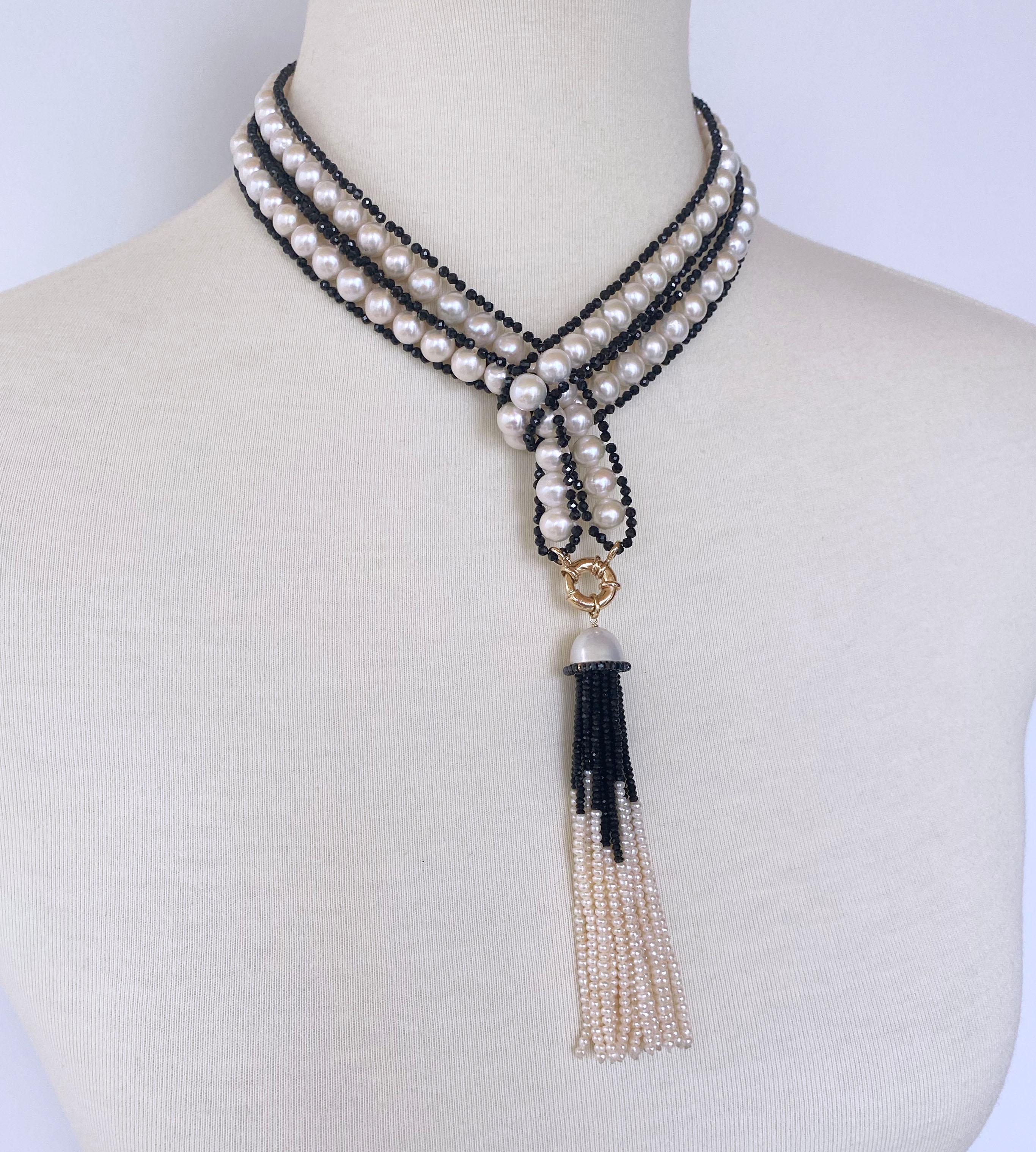 Marina J. Pearl and Black Spinel Satuoir and Tassel with 14k Yellow Gold For Sale 1