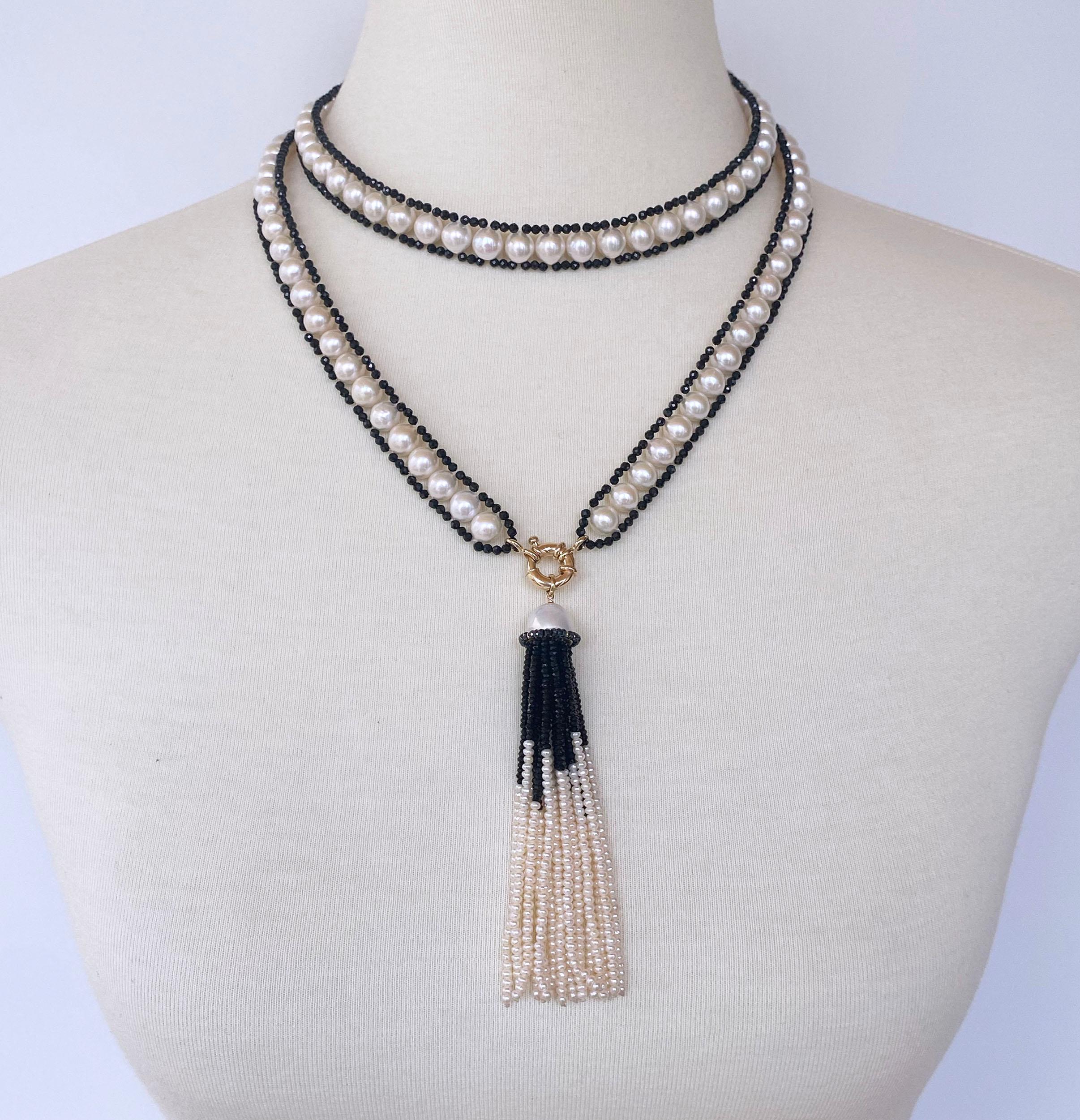 Marina J. Pearl and Black Spinel Satuoir and Tassel with 14k Yellow Gold For Sale 2