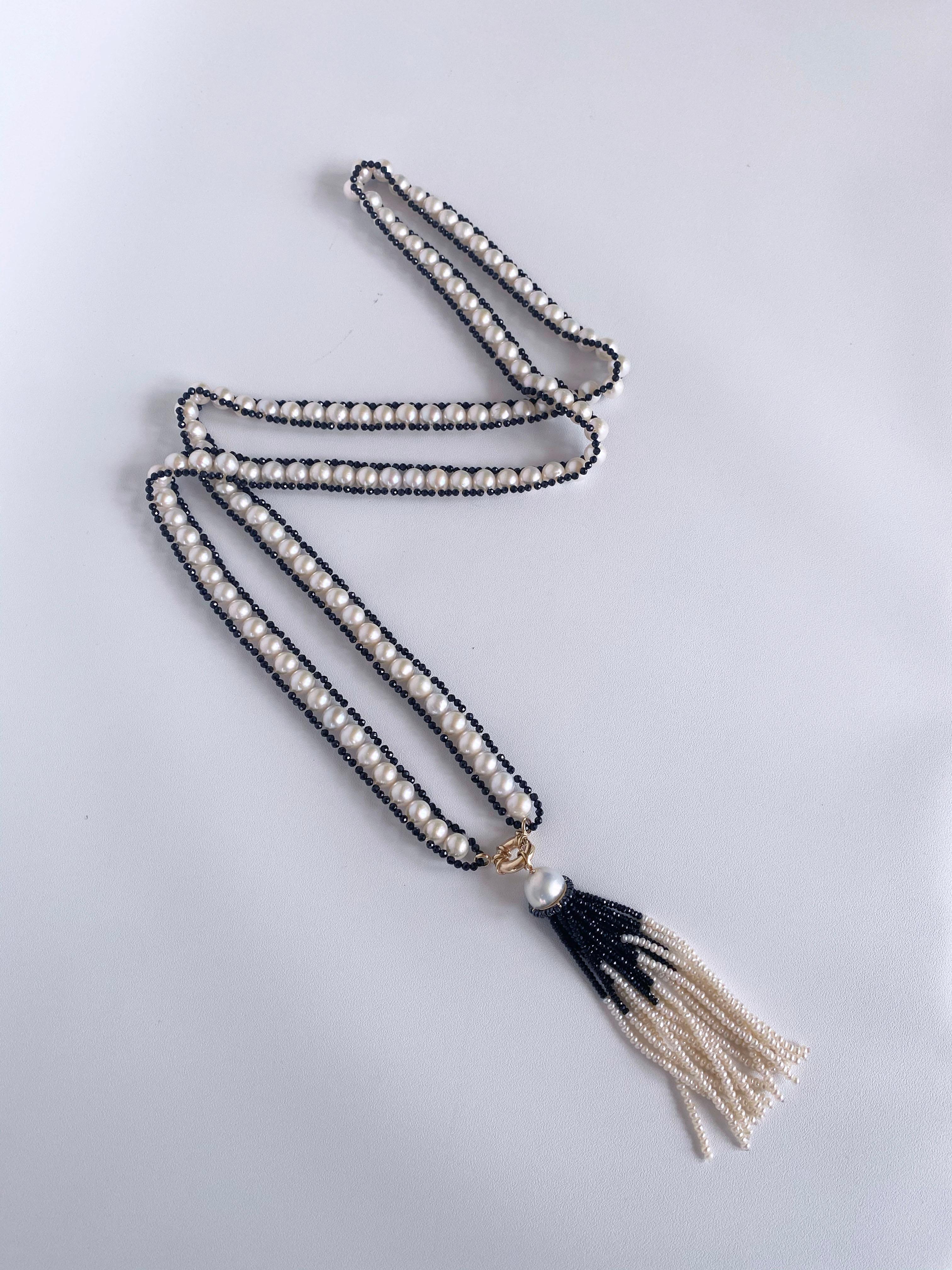 Women's Marina J. Pearl and Black Spinel Satuoir and Tassel with 14k Yellow Gold For Sale