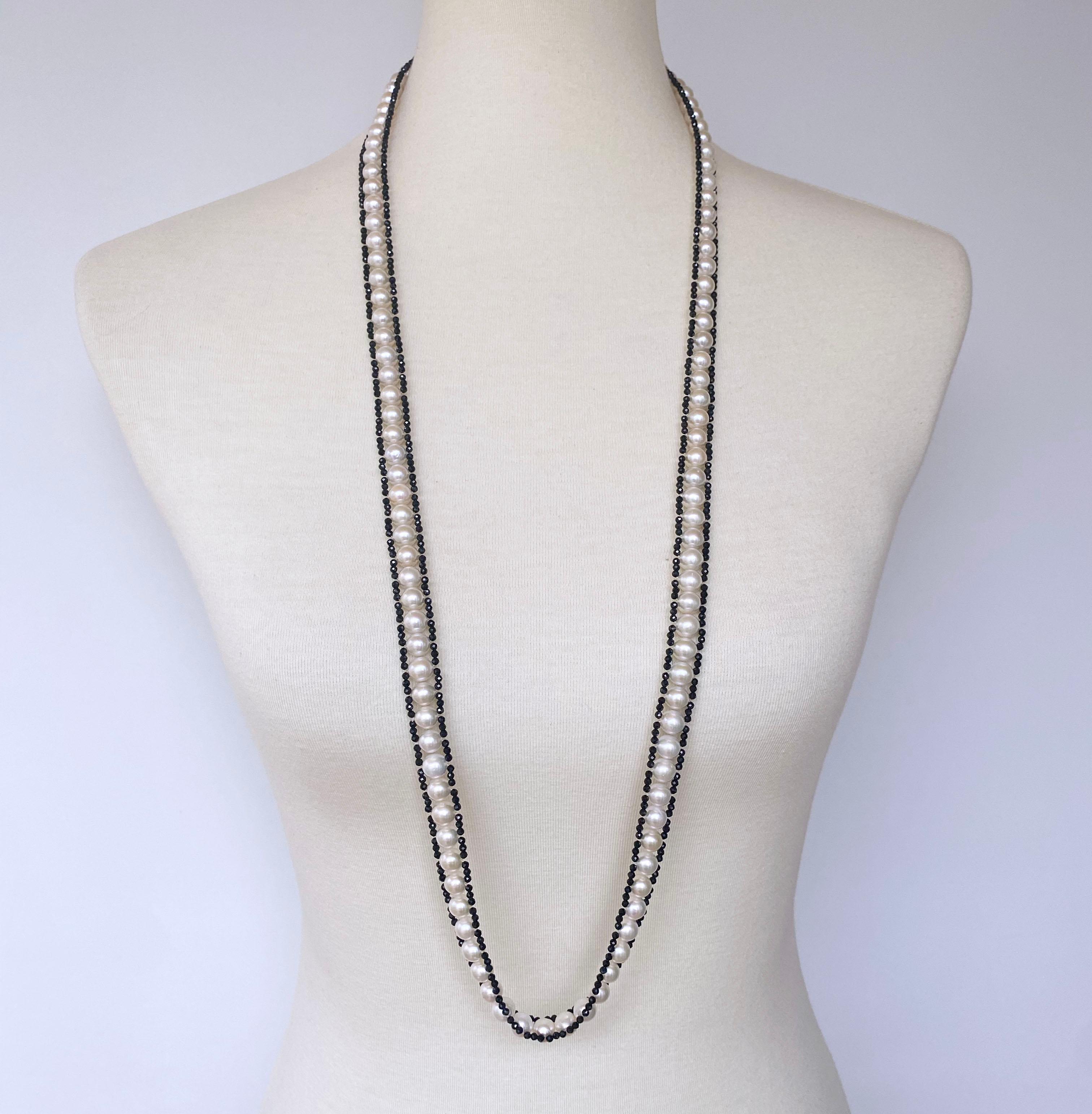 Art Deco Marina J. Pearl and Black Spinel Satuoir and Tassel with 14k Yellow Gold For Sale