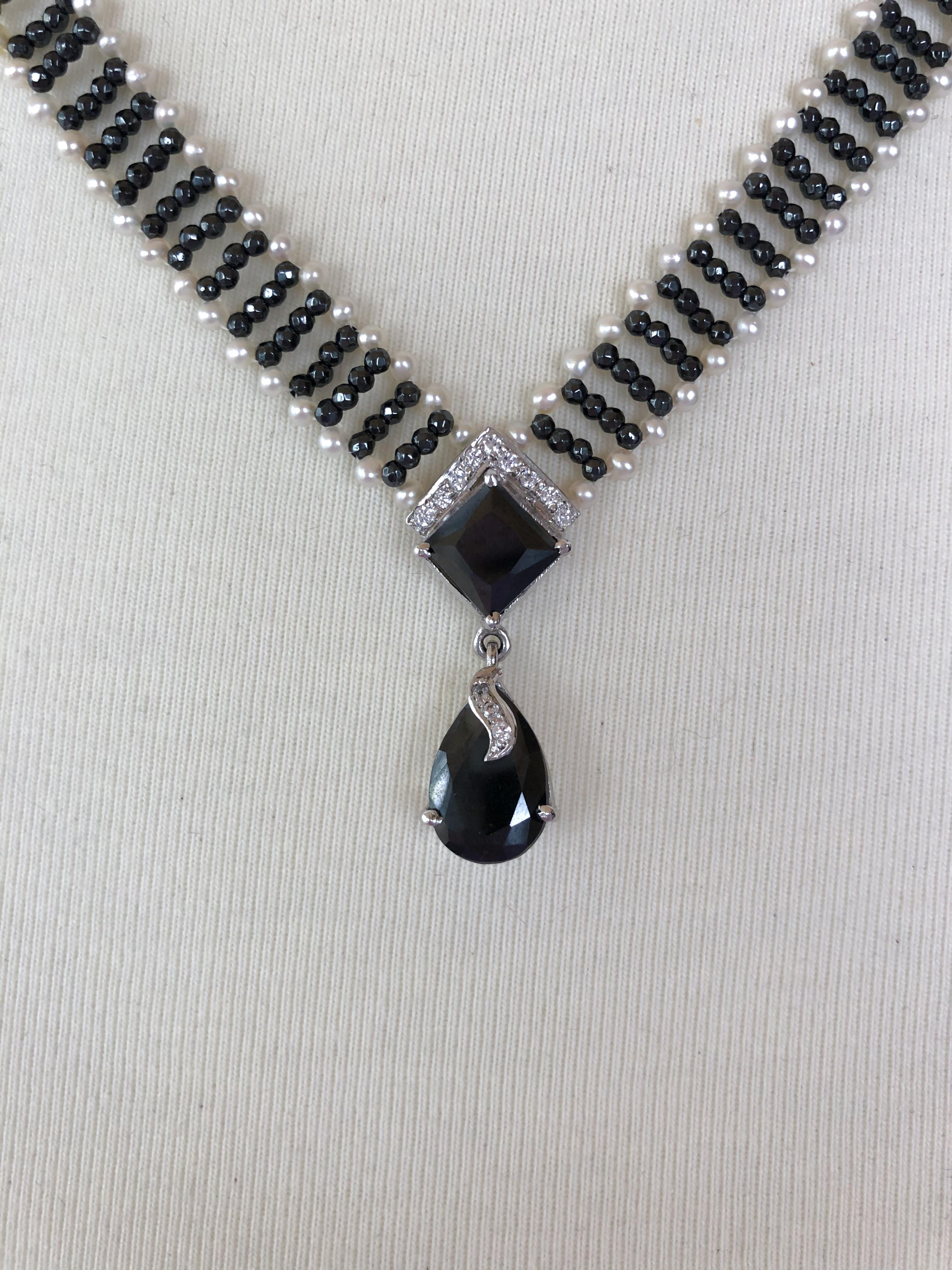 Artisan Marina J. Pearl and Hematite Necklace with Diamonds and 14 Karat Gold Clasp
