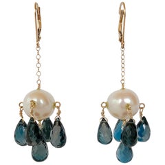 Marina J. Pearl and London Blue Topaz Earrings with 14 Karat Gold Lever-Backs