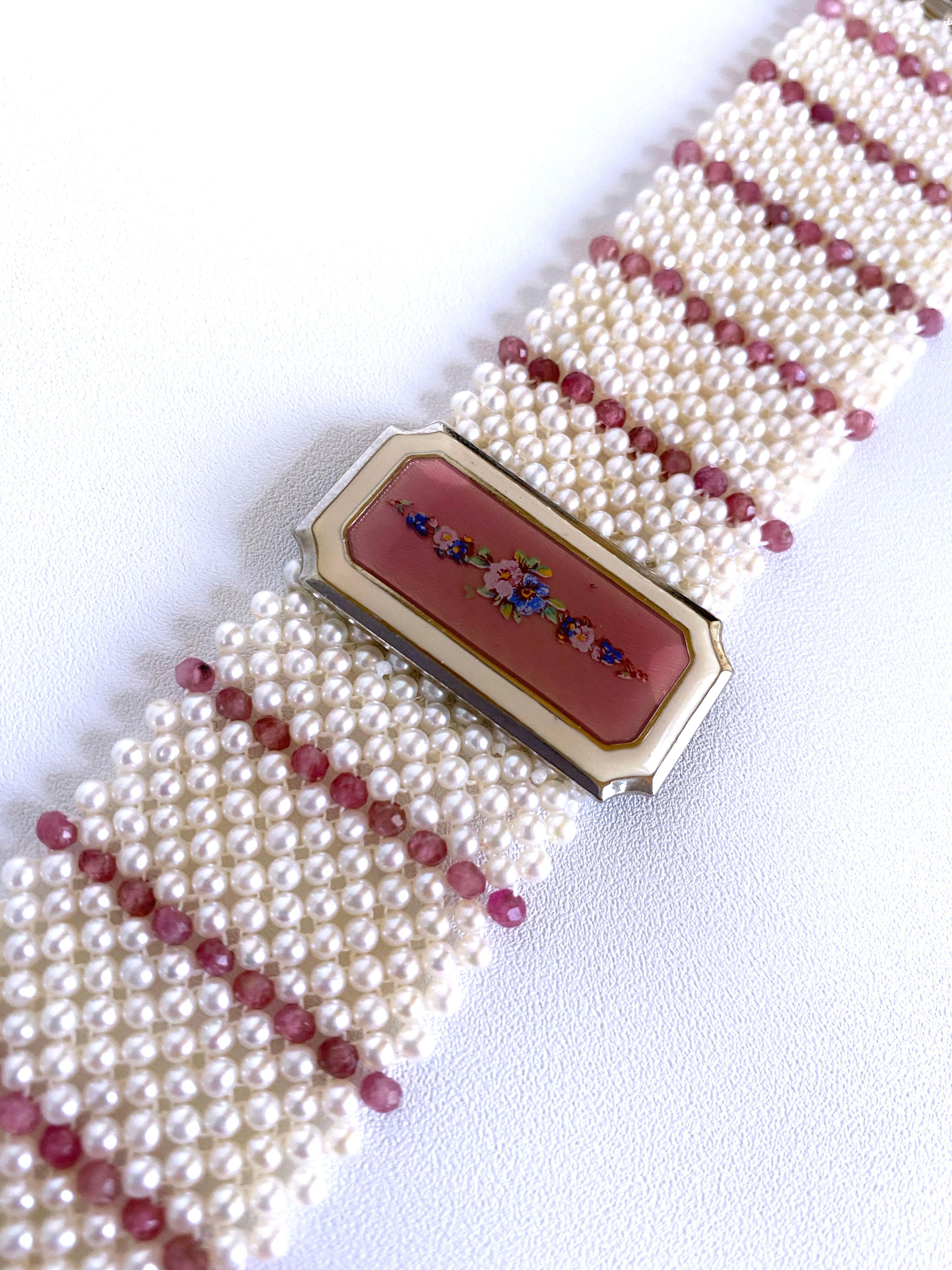 Bead Marina J Pearl & Pink Tourmaline Bracelet with 1940 Vintage Enameled Centerpiece