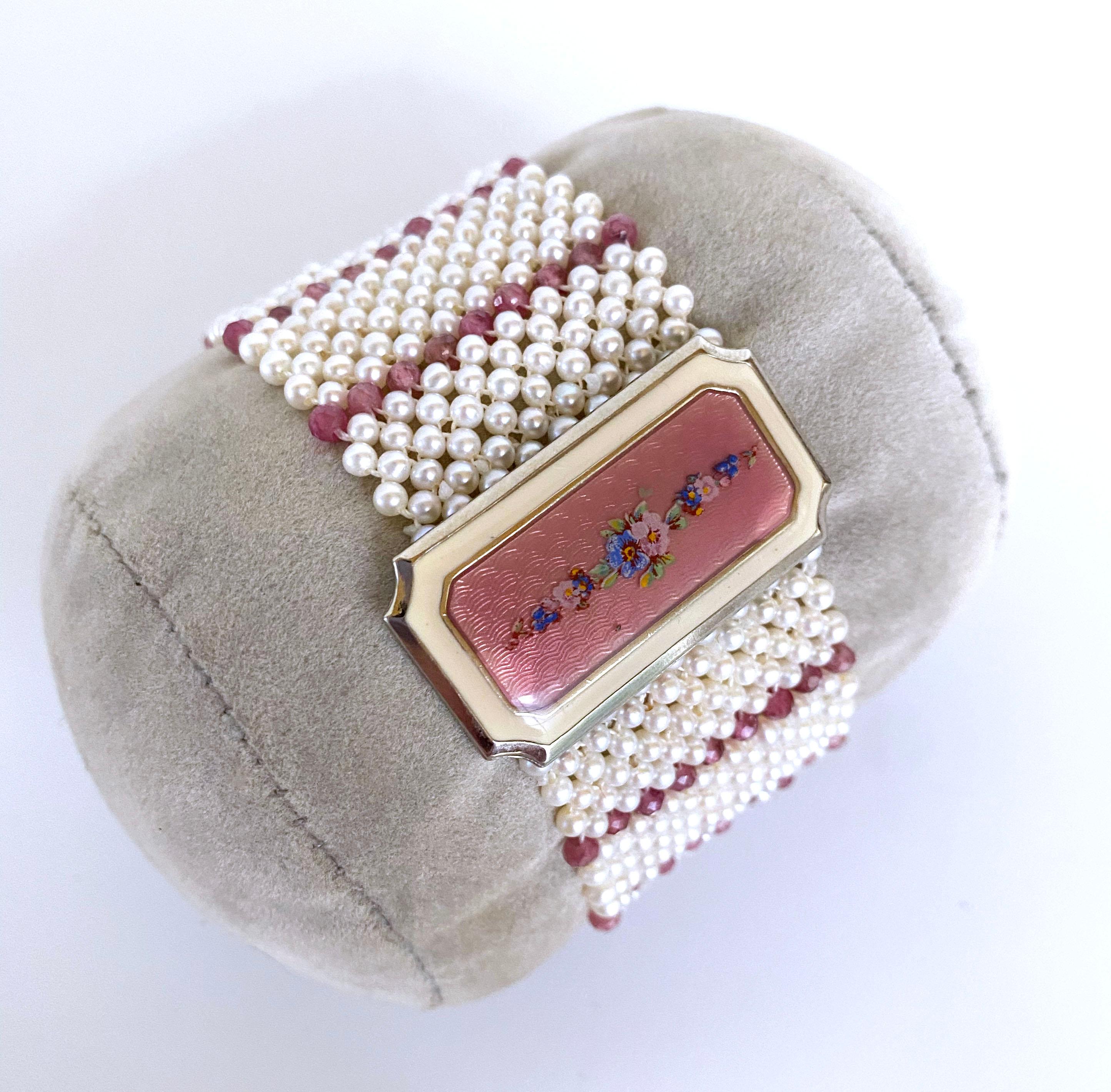 Marina J Pearl & Pink Tourmaline Bracelet with 1940 Vintage Enameled Centerpiece 1
