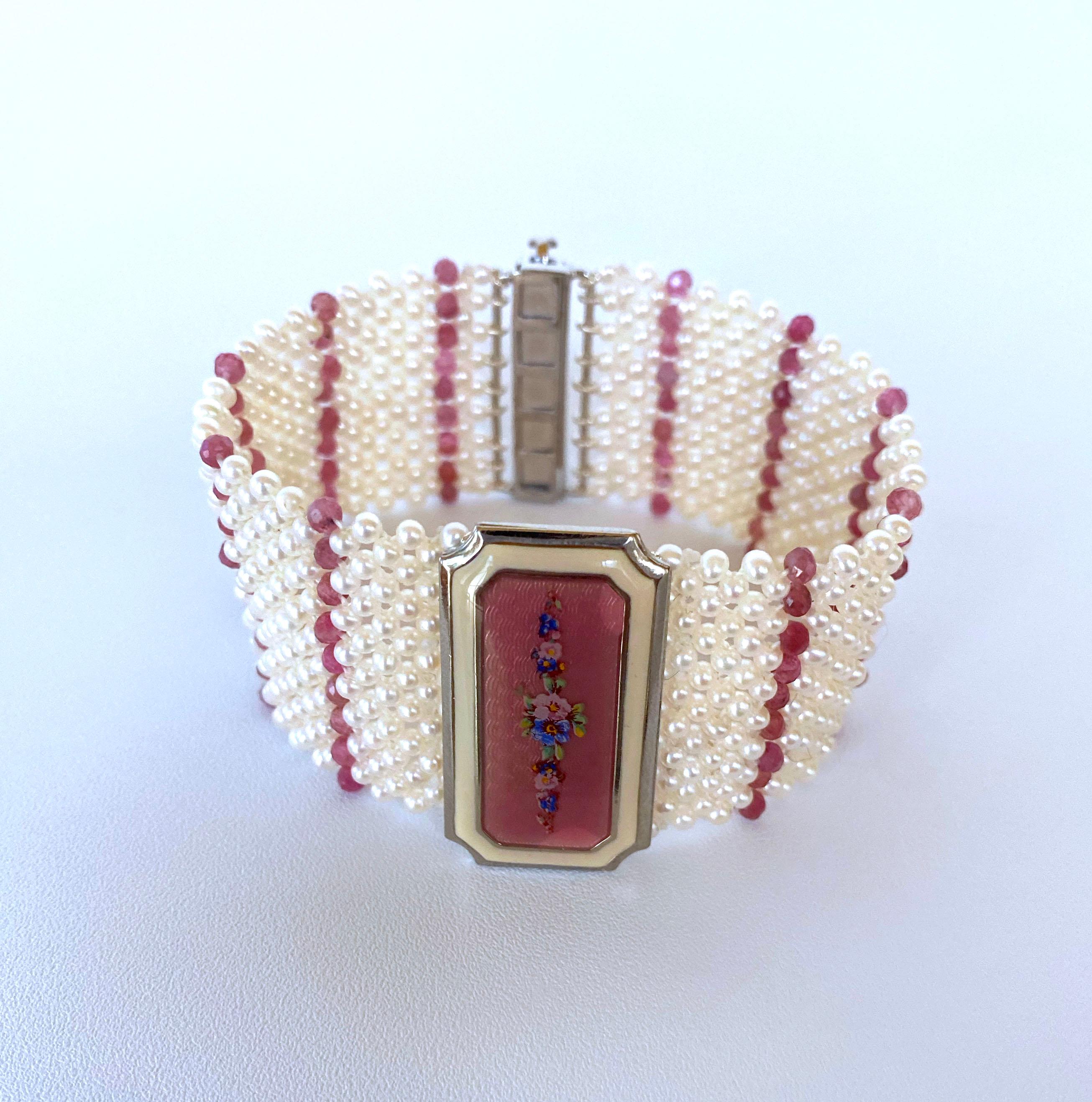 Marina J Pearl & Pink Tourmaline Bracelet with 1940 Vintage Enameled Centerpiece 3