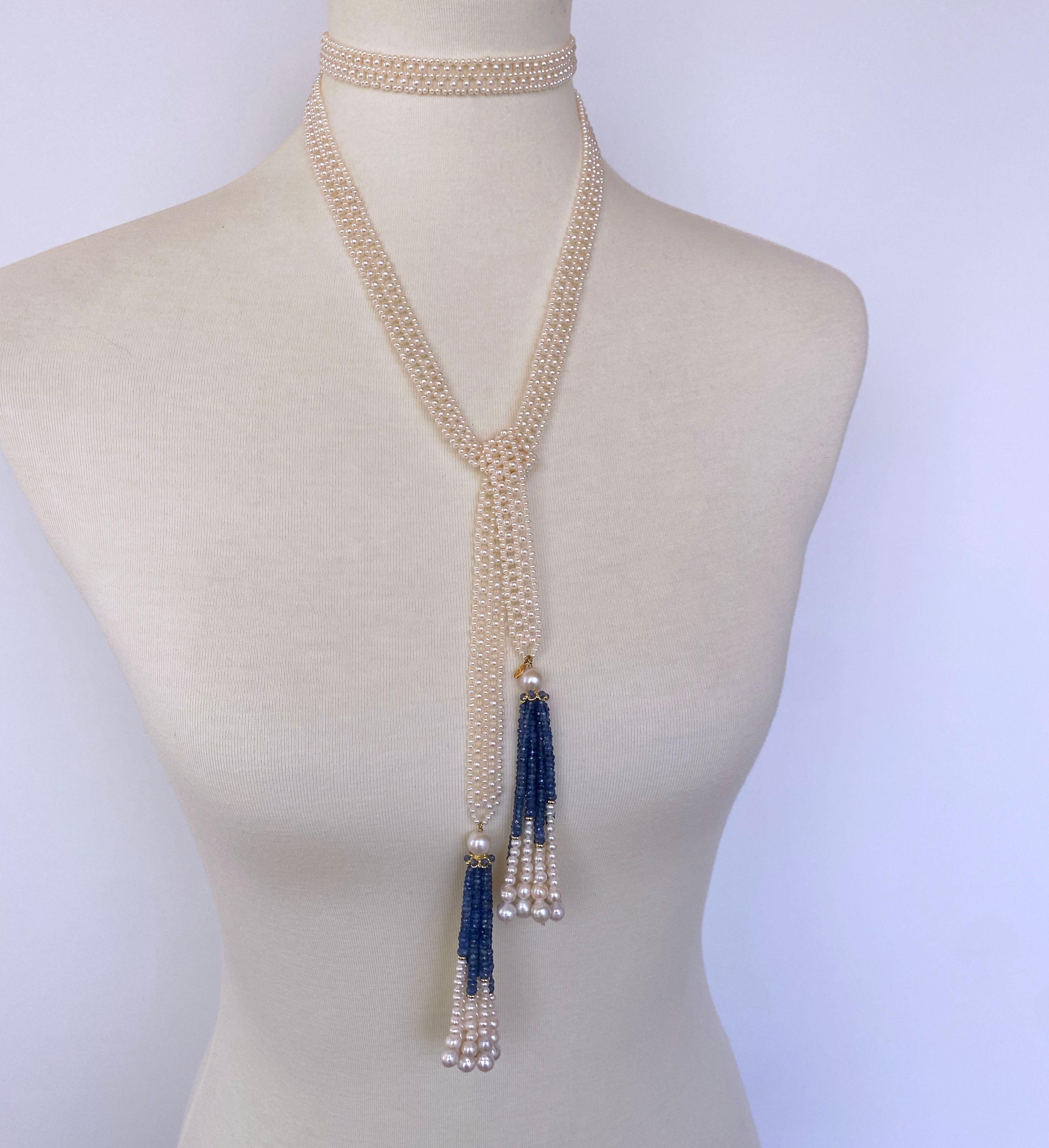 Gorgeous Sautoir all hand woven by Marina J. This amazing piece features individually chosen high luster white (1mm and 2.5mm) Pearls woven together into a fine lace like columned design. Measuring 43 inches long sans Tassel, this Sautoir can is