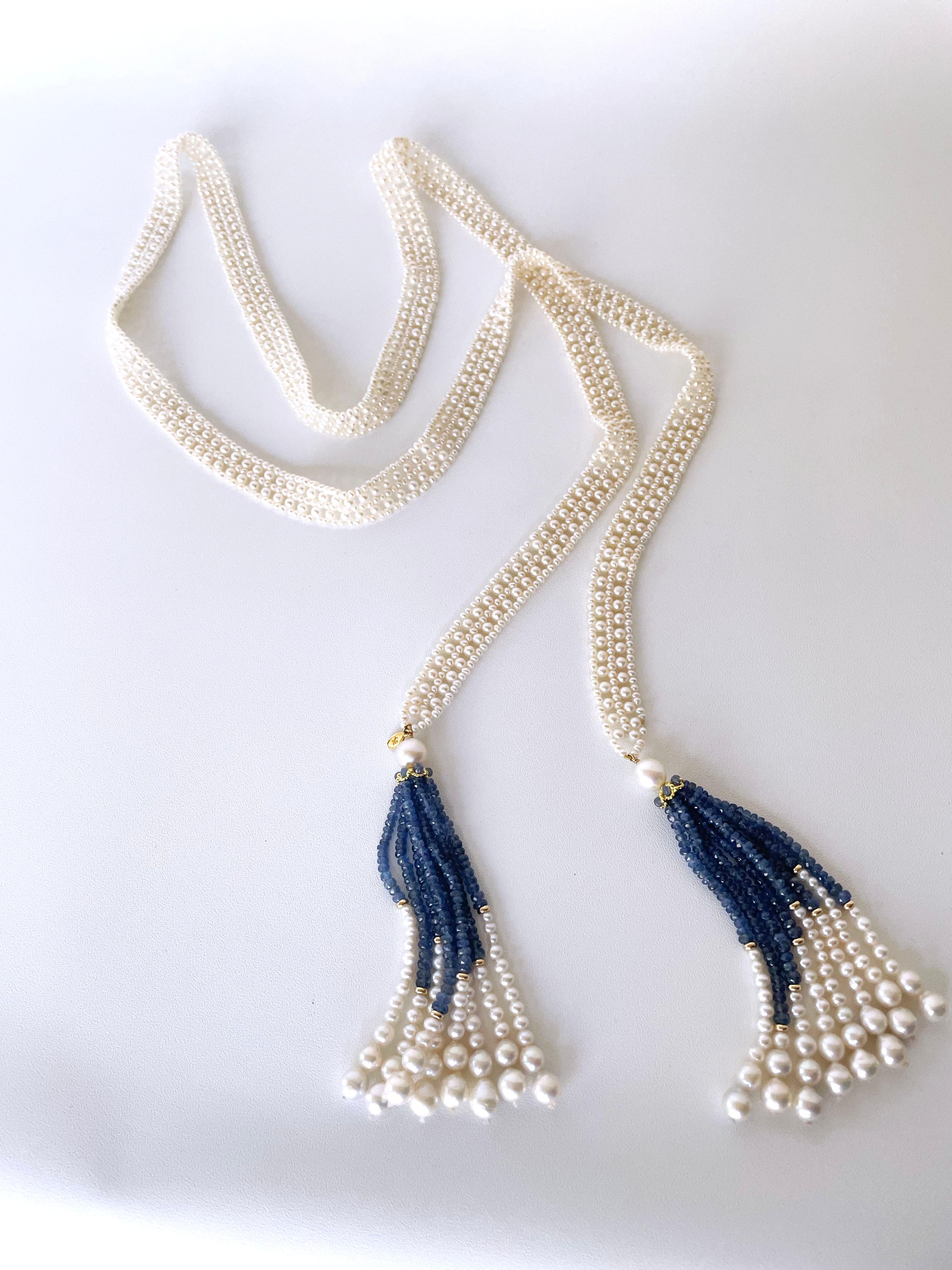 Marina J. Graduated Pearl & Blue Sapphire Sautoir with 14k Yellow Gold In New Condition In Los Angeles, CA
