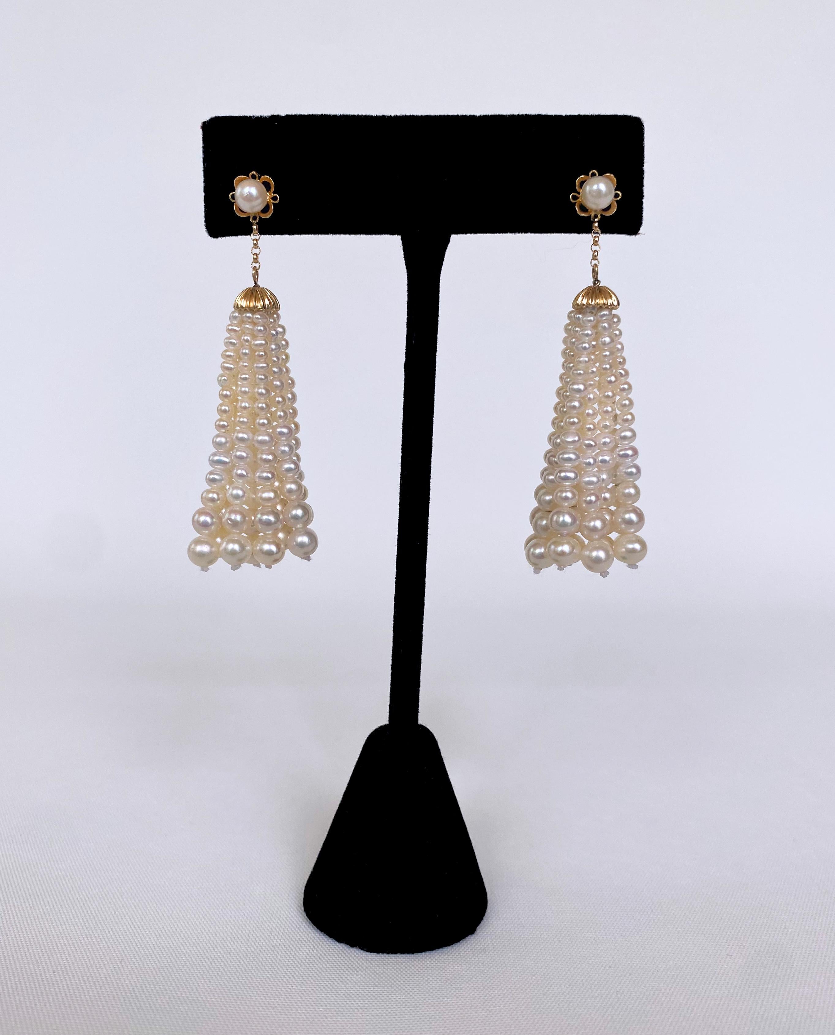 Artisan Marina J. Graduated Pearl and Solid 14k Yellow Gold Tassel Earrings For Sale