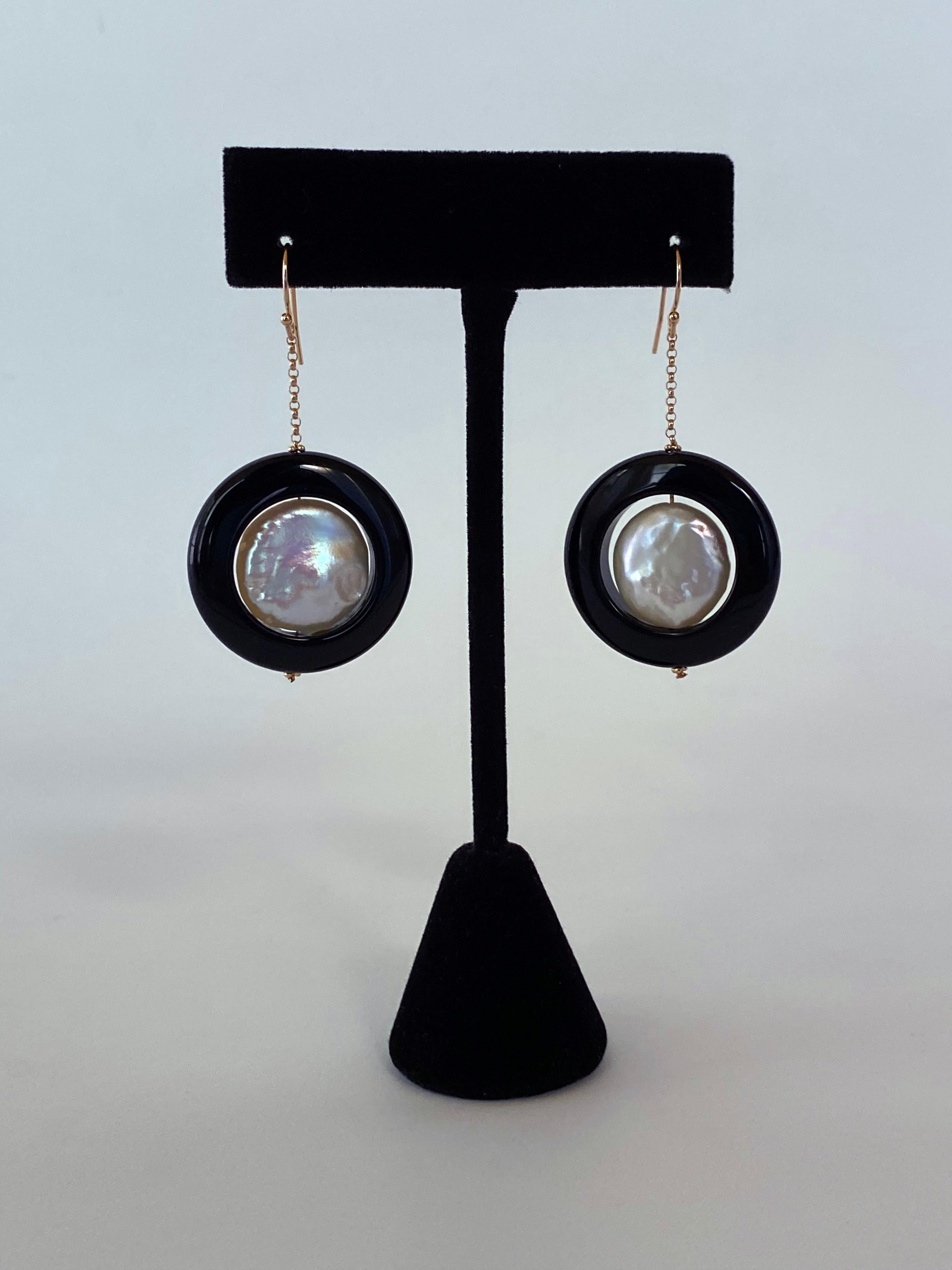 Artisan Marina J. Pearl & Black Onyx Dangle Earrings with solid 14k Yellow Gold For Sale