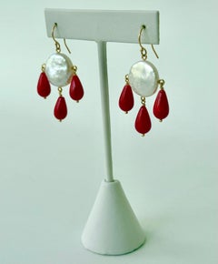 Marina J. Pearl & Coral Chandelier Earrings with Solid 14k Yellow Gold