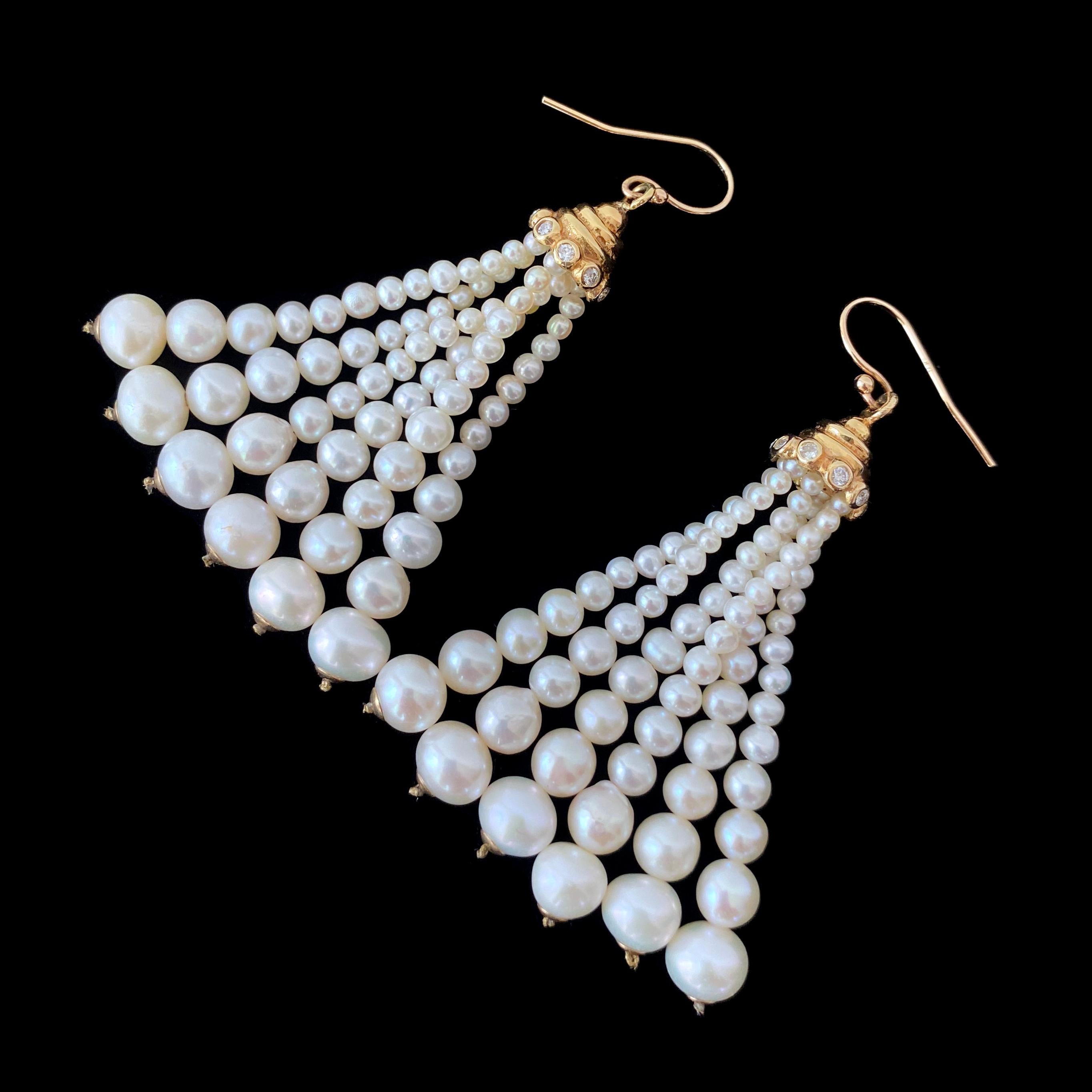 Artisan Marina J. Graduated Pearl Tassel Earrings with Diamonds & Solid 14k Yellow Gold For Sale