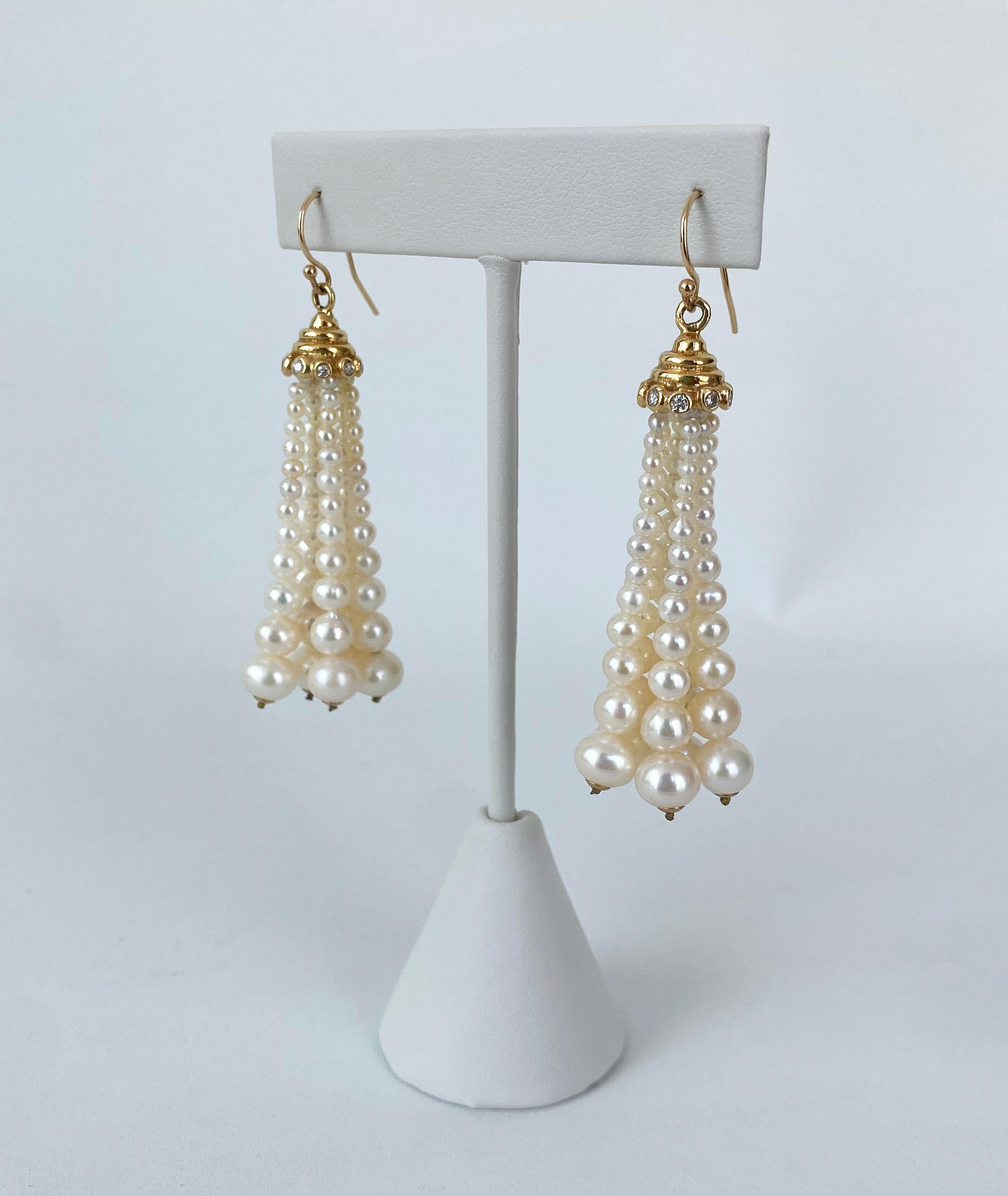 Marina J. Graduated Pearl Tassel Earrings with Diamonds & Solid 14k Yellow Gold In New Condition For Sale In Los Angeles, CA