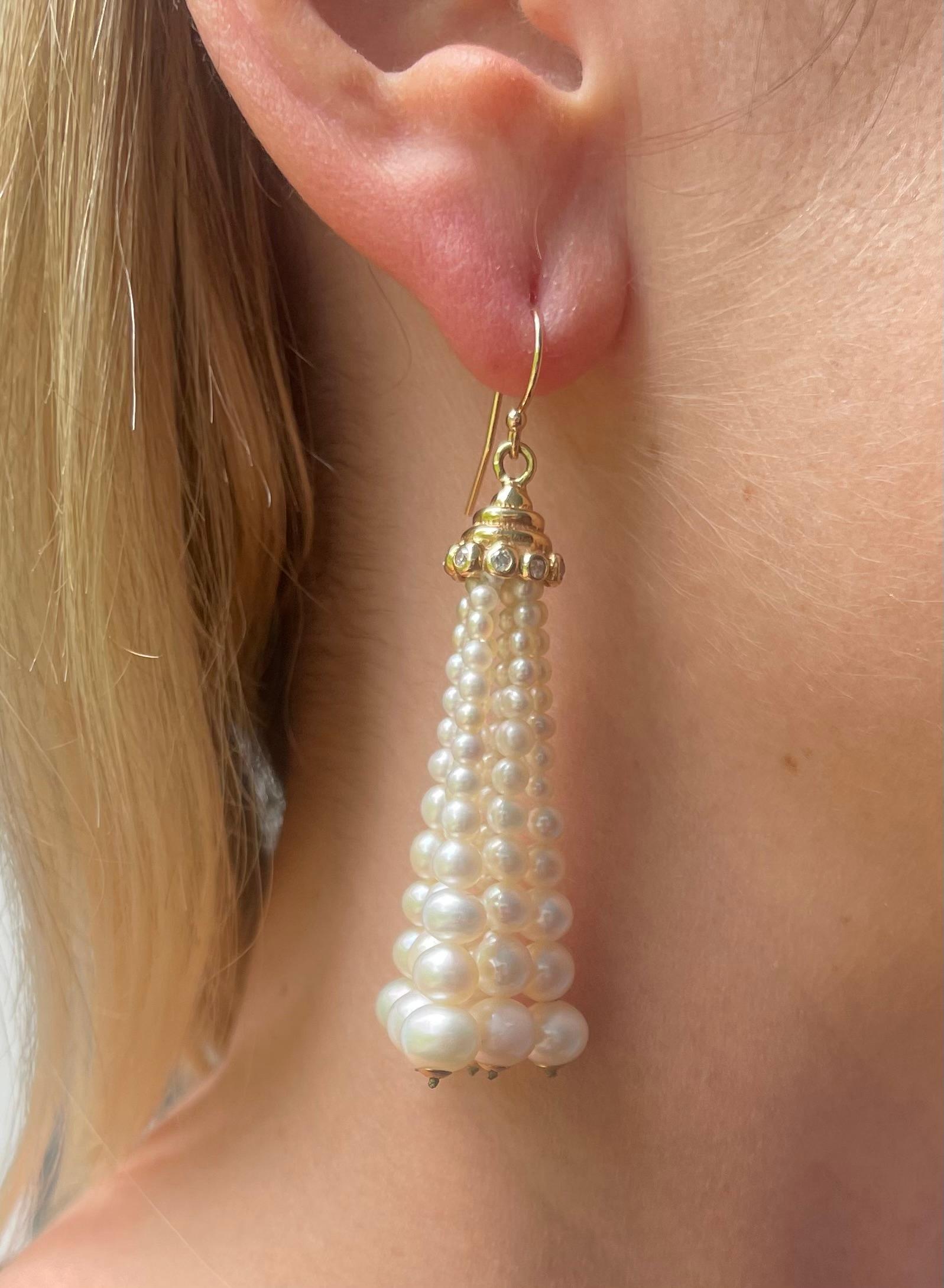 Cushion Cut Marina J. Graduated Pearl Tassel Earrings with Diamonds & Solid 14k Yellow Gold For Sale