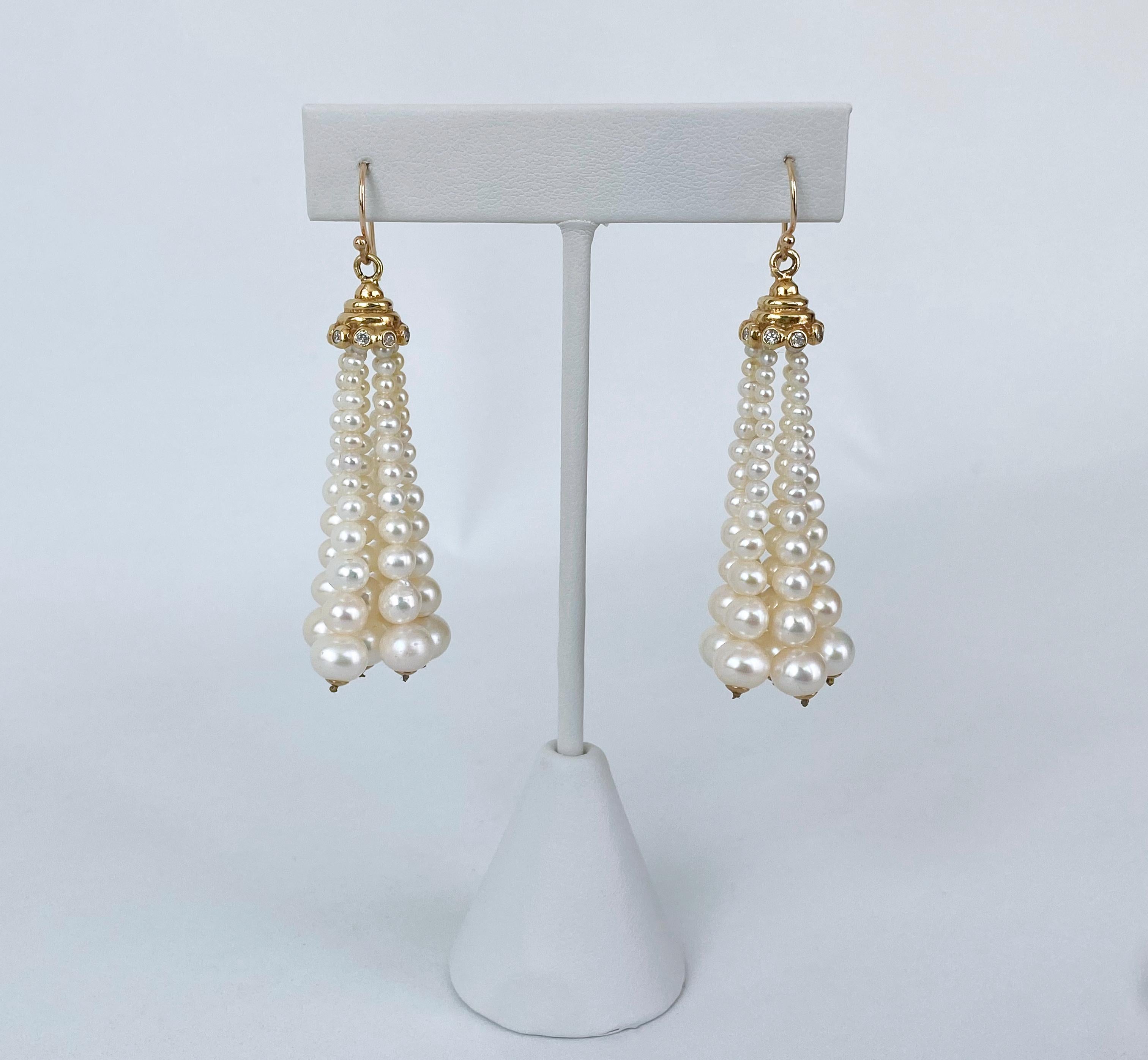 Women's Marina J. Graduated Pearl Tassel Earrings with Diamonds & Solid 14k Yellow Gold For Sale